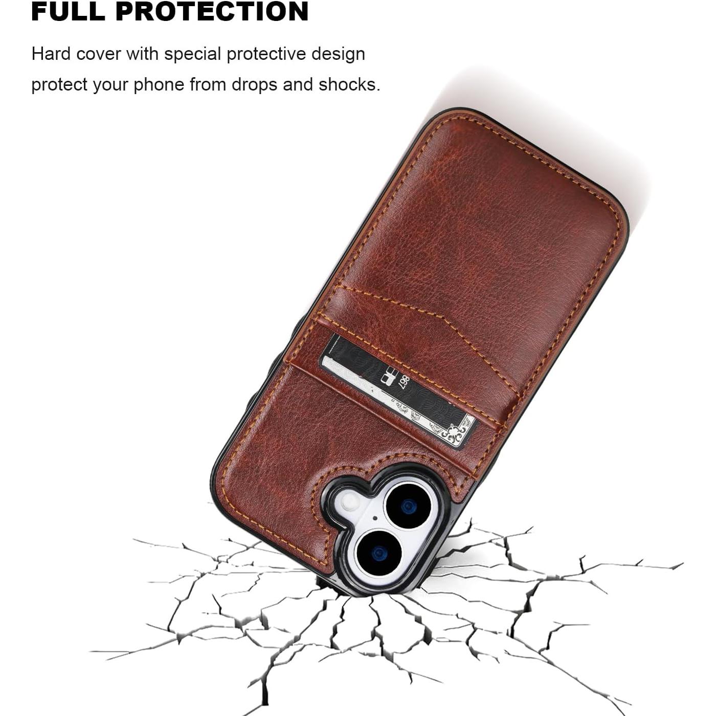 Funda de iPhone 17 KIHUWEY con billetera y soporte - Cuero Marrón