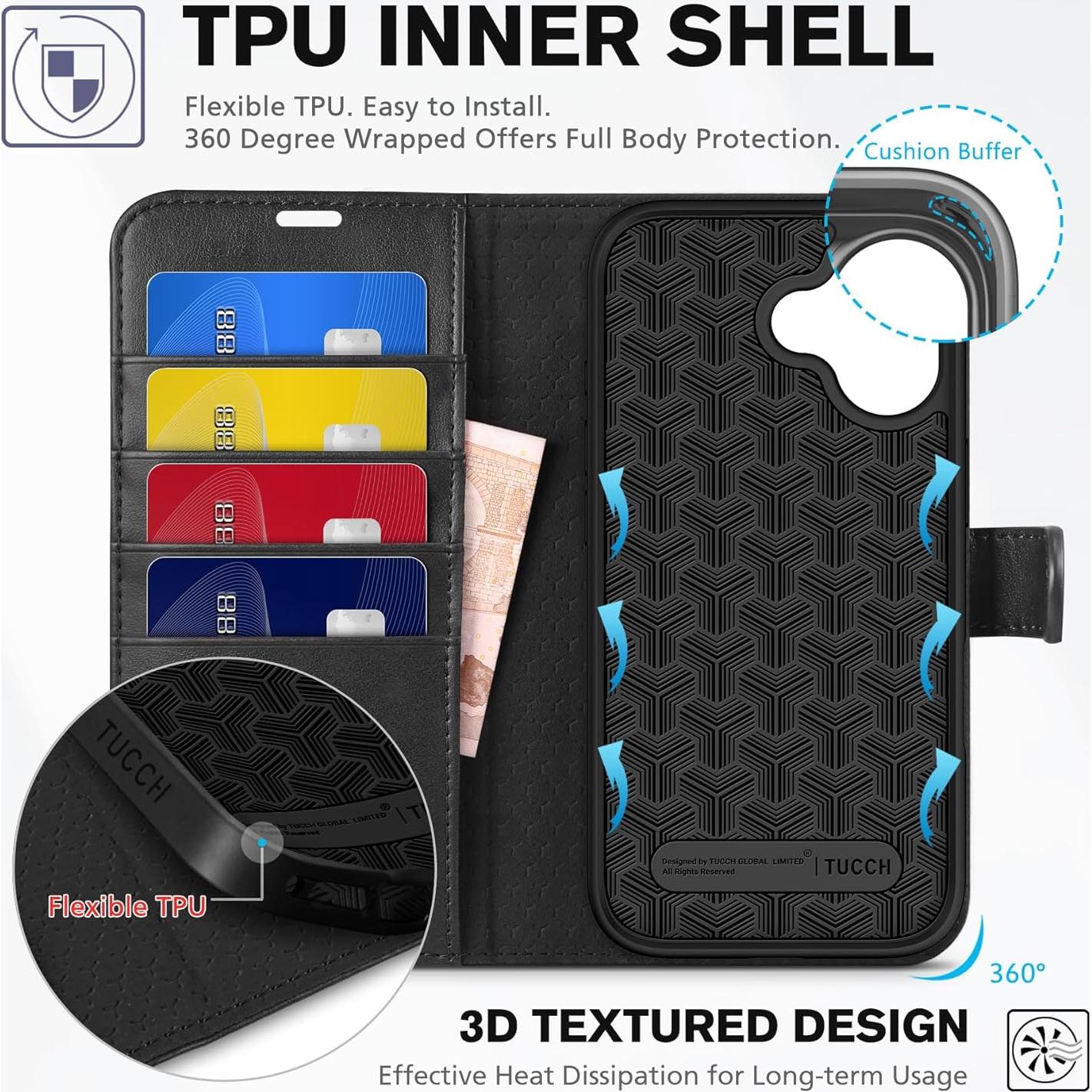 Funda Cartera TUCCH para iPhone 17 - Cuero PU, Bloqueo RFID, 4 Tarjetas