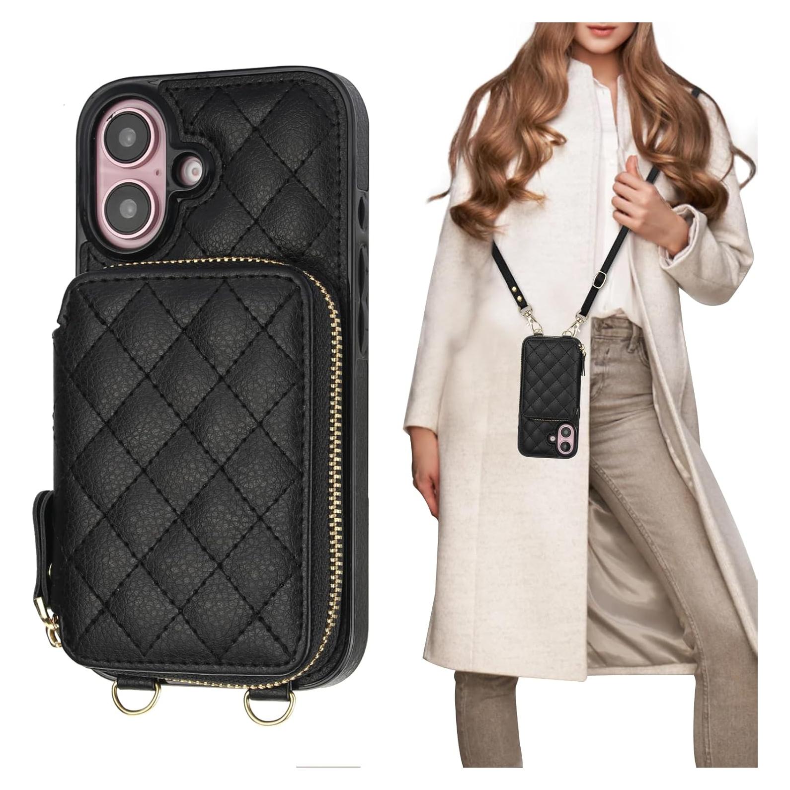 Cartera Cruzada Bocasal para iPhone 16, Cuero PU RFID, Negro