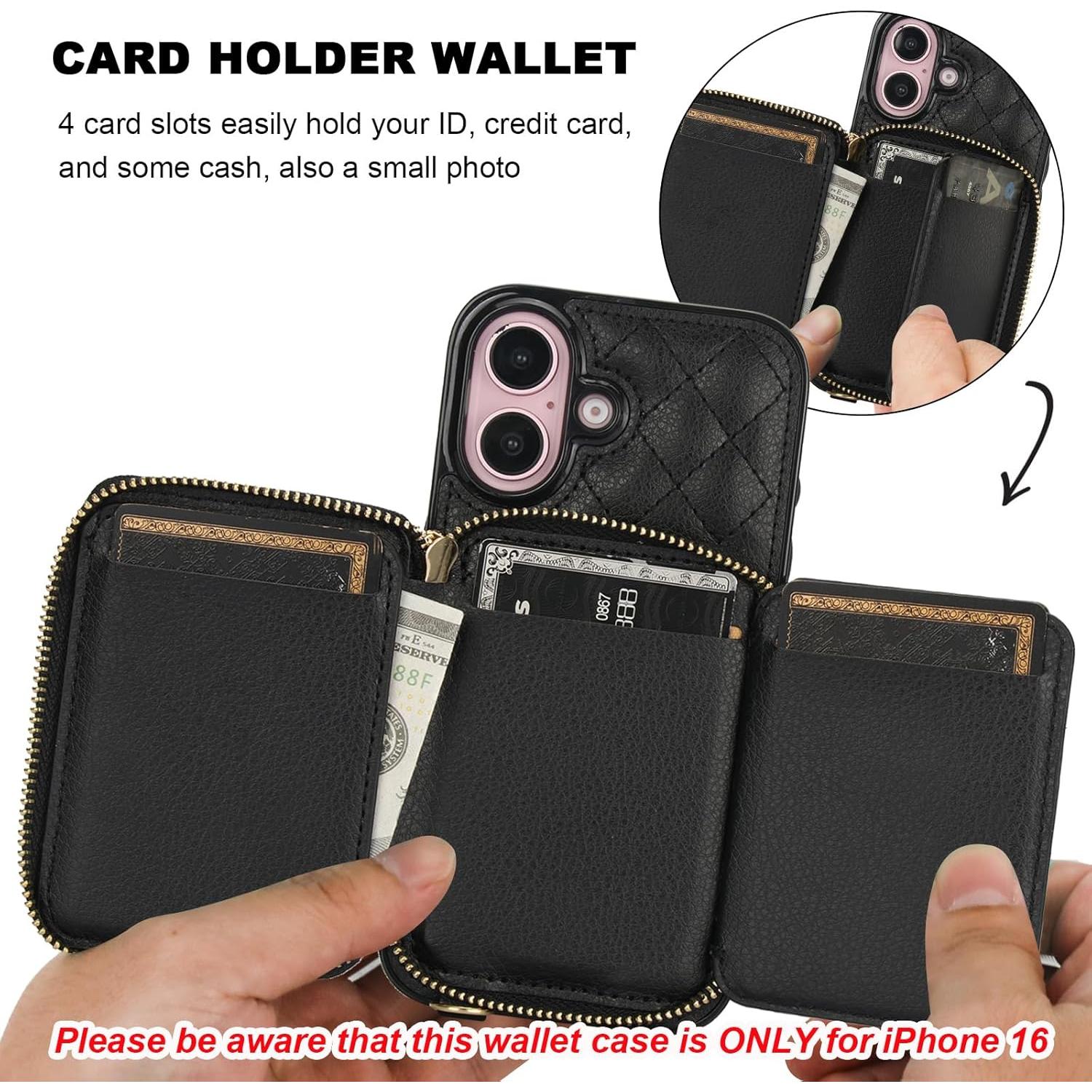 Cartera Cruzada Bocasal para iPhone 16, Cuero PU RFID, Negro