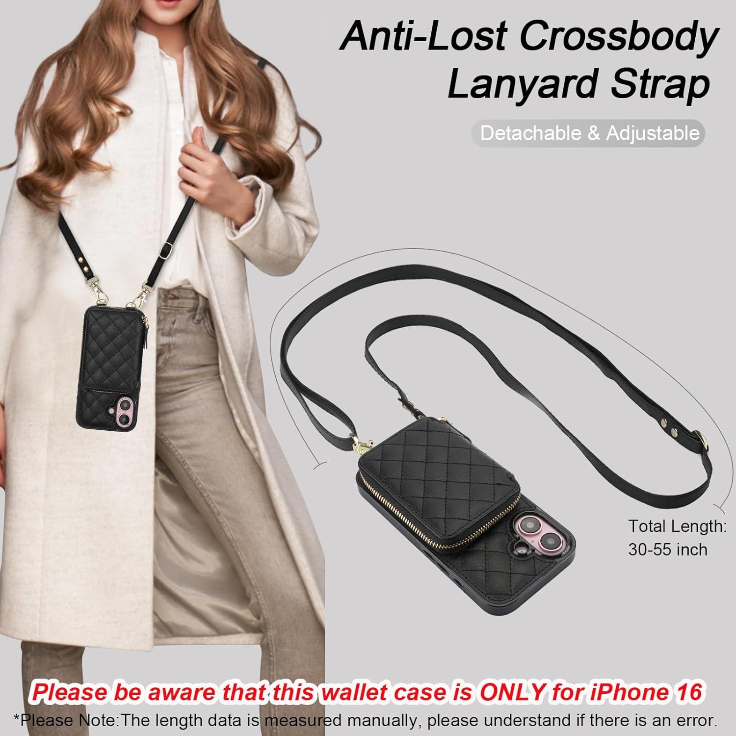 Cartera Cruzada Bocasal para iPhone 16, Cuero PU RFID, Negro