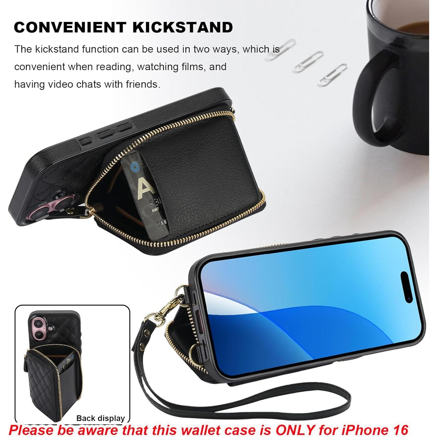 Cartera Cruzada Bocasal para iPhone 16, Cuero PU RFID, Negro