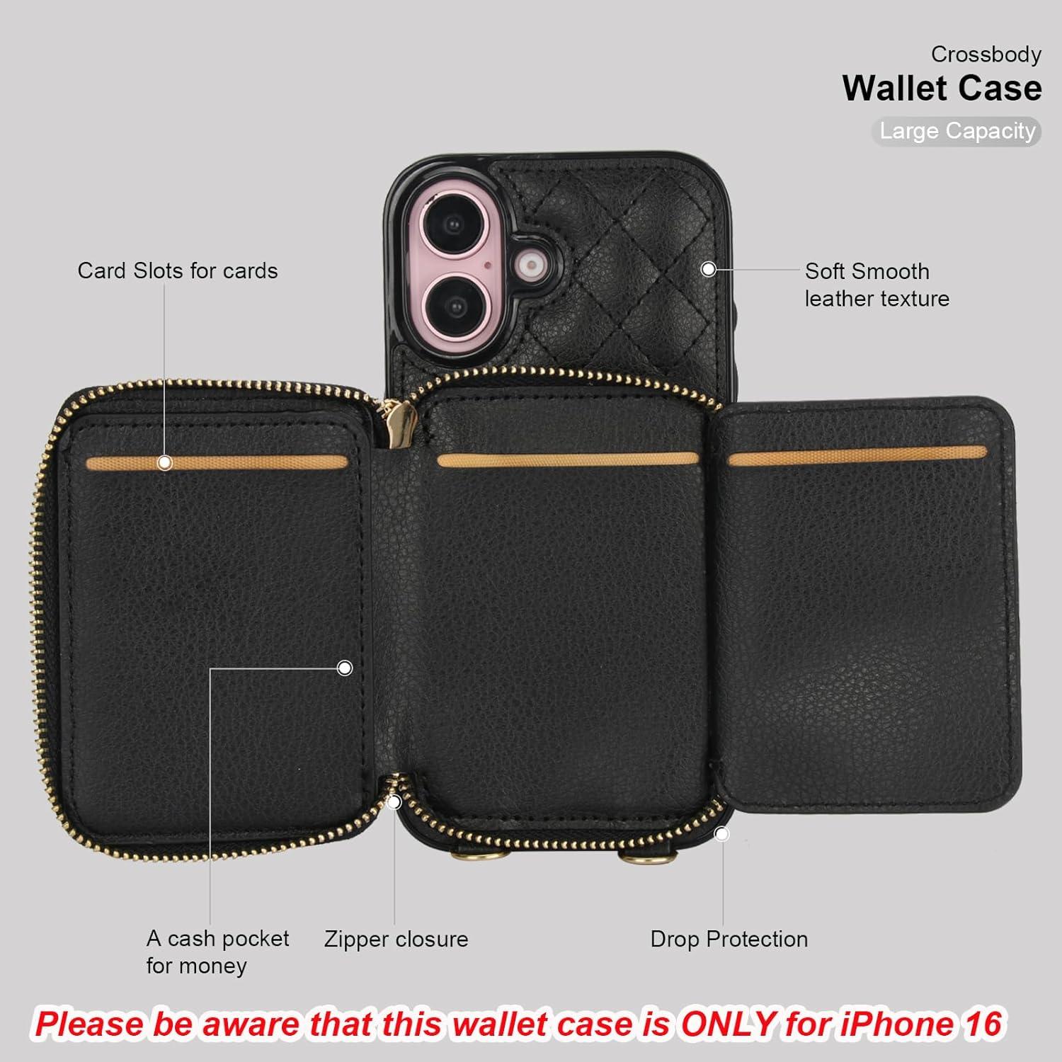 Cartera Cruzada Bocasal para iPhone 16, Cuero PU RFID, Negro
