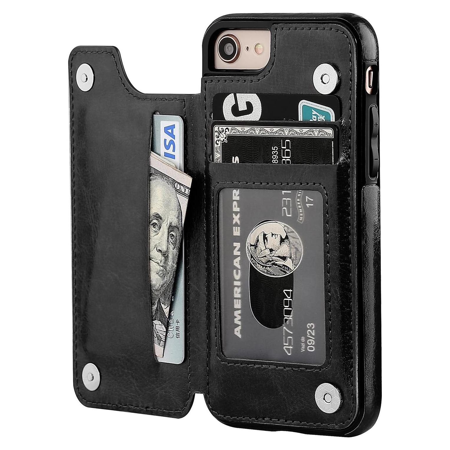 Funda ONETOP para iPhone SE(2022)/8/7, Cuero PU Negro, Soporte Tarjetas