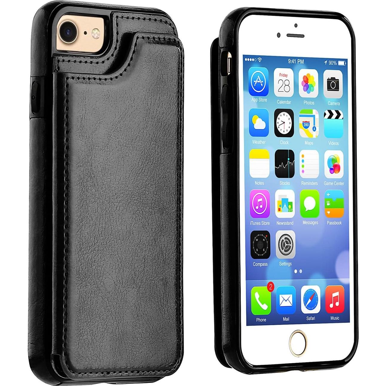 Funda ONETOP para iPhone SE(2022)/8/7, Cuero PU Negro, Soporte Tarjetas