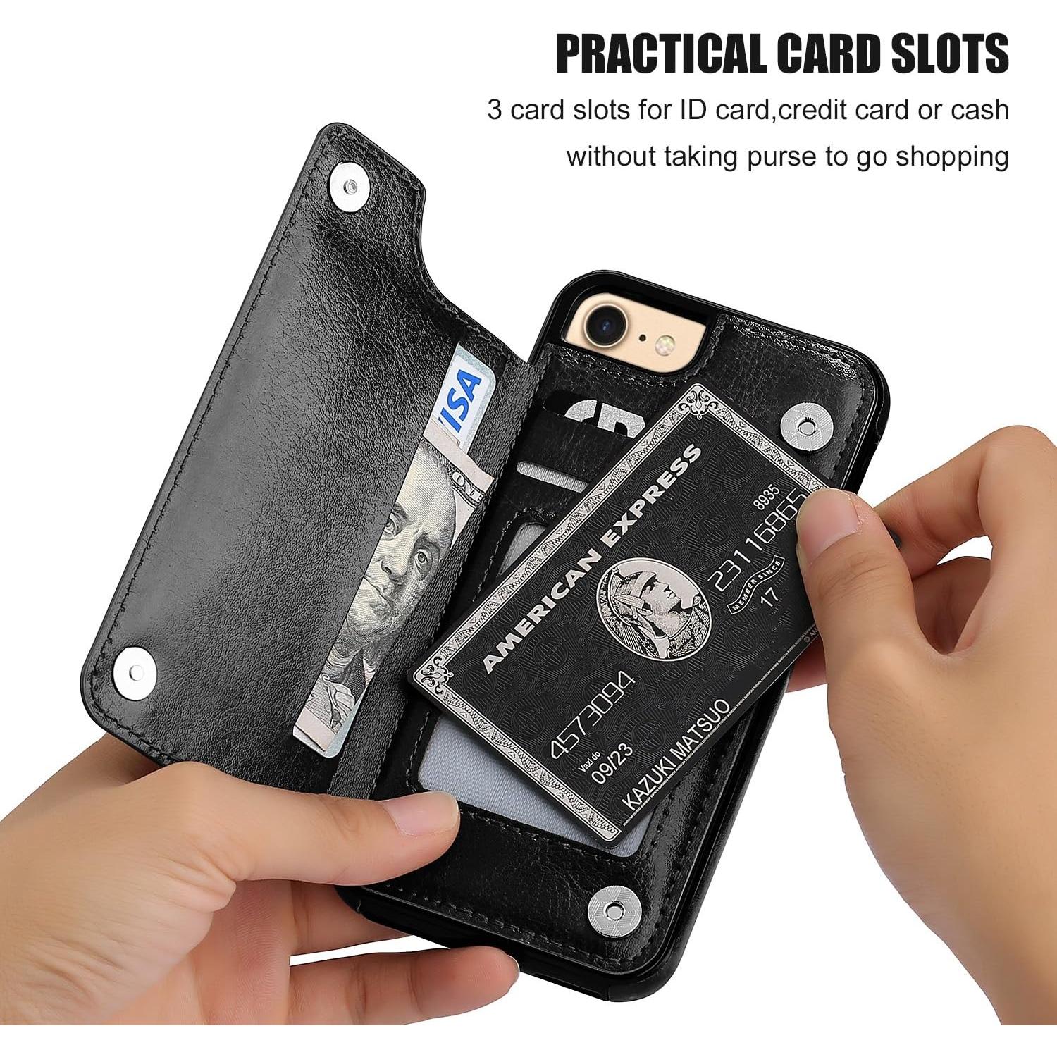 Funda ONETOP para iPhone SE(2022)/8/7, Cuero PU Negro, Soporte Tarjetas