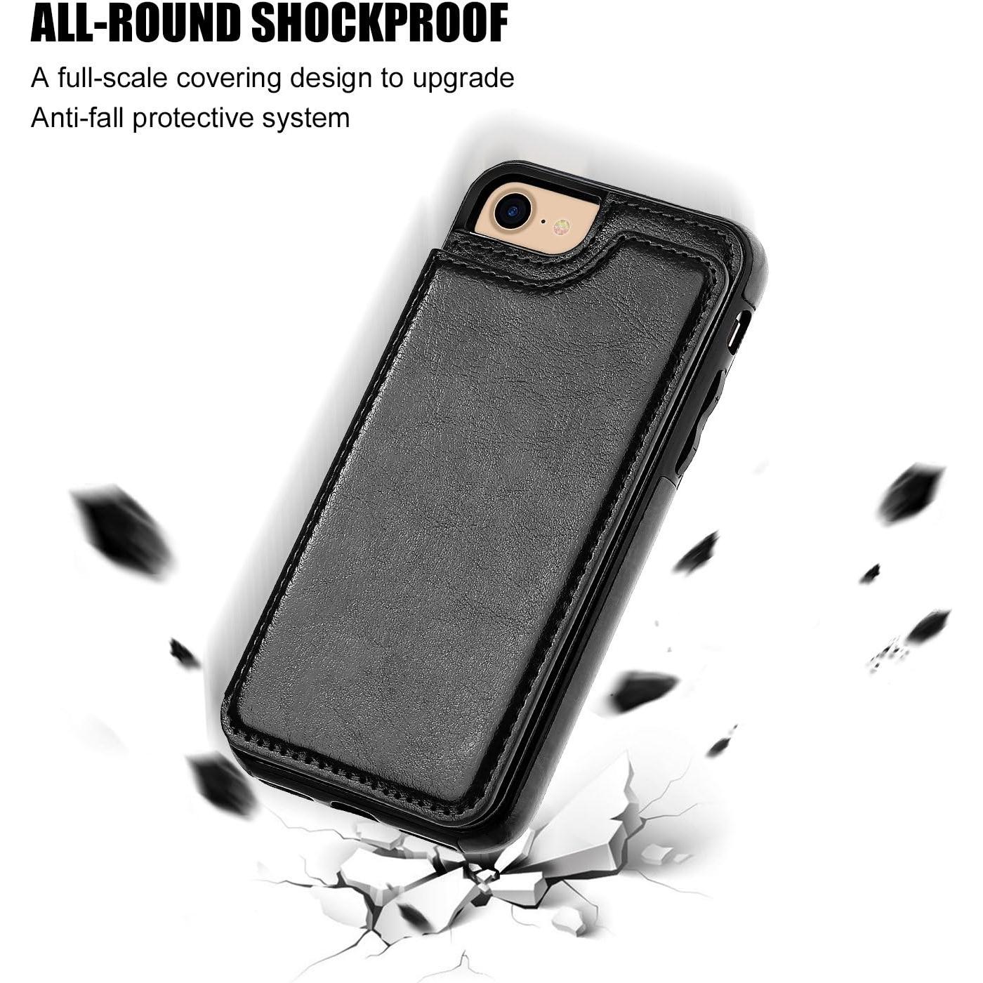 Funda ONETOP para iPhone SE(2022)/8/7, Cuero PU Negro, Soporte Tarjetas