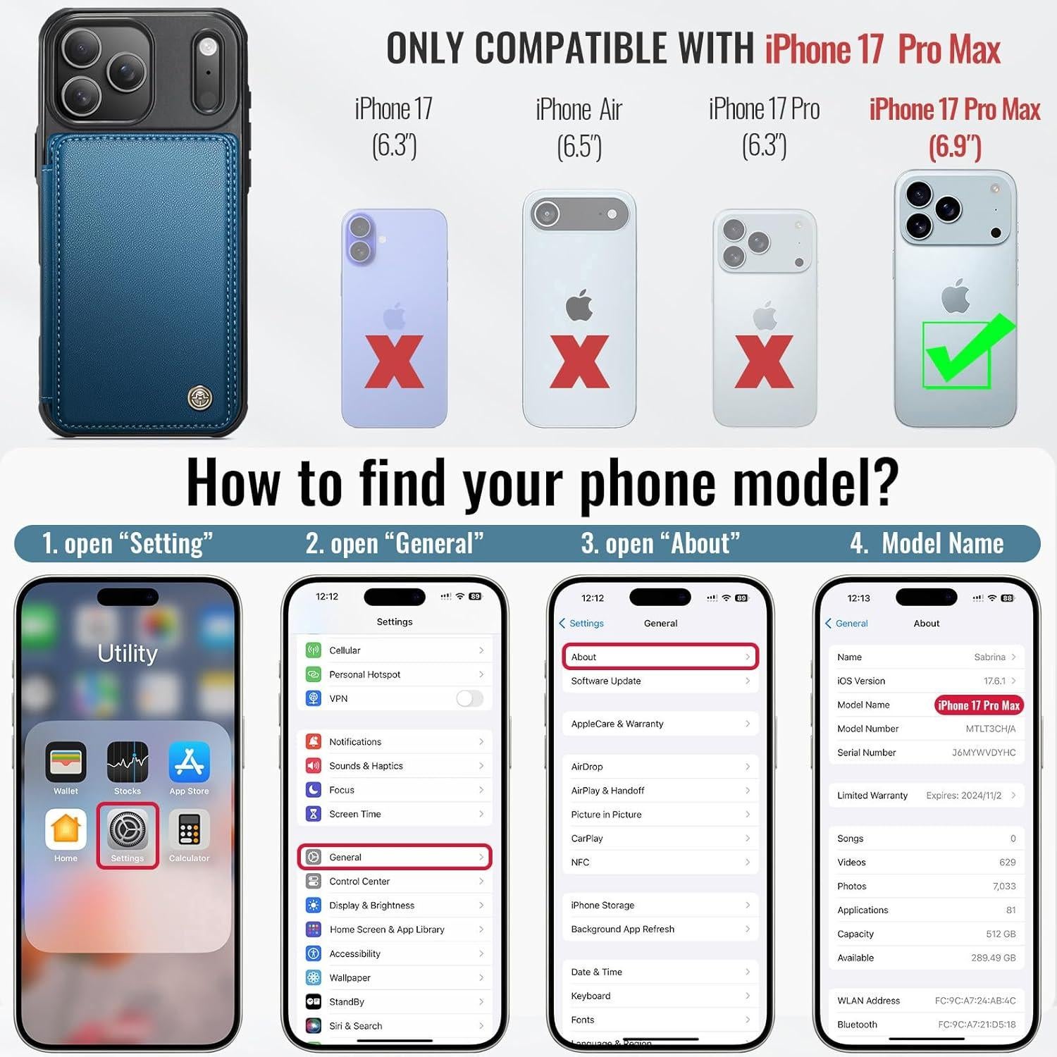 Funda de Cartera Vinich para iPhone 17 Pro Max Azul con RFID