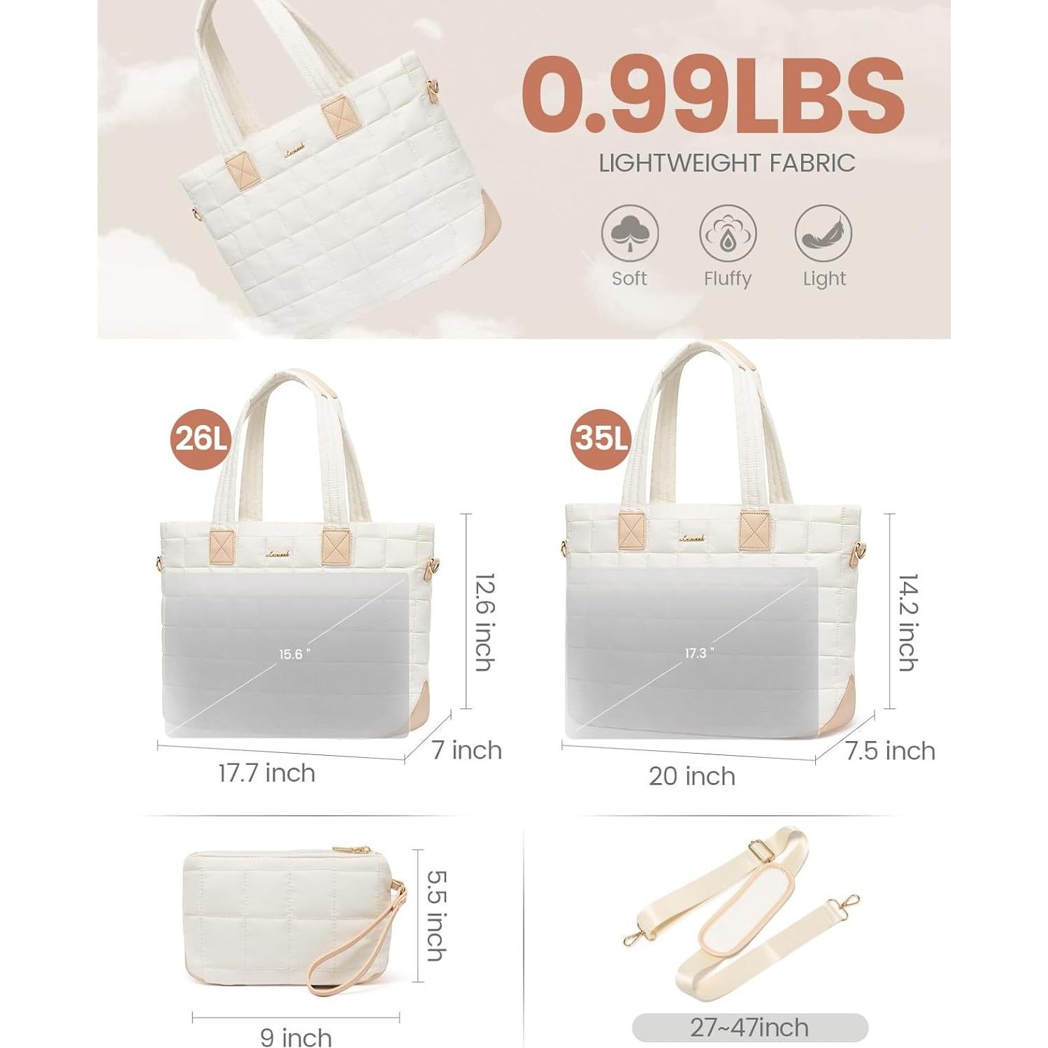 Bolsa Tote LOVEVOOK Acolchada Grande 45x17x32 cm Beige