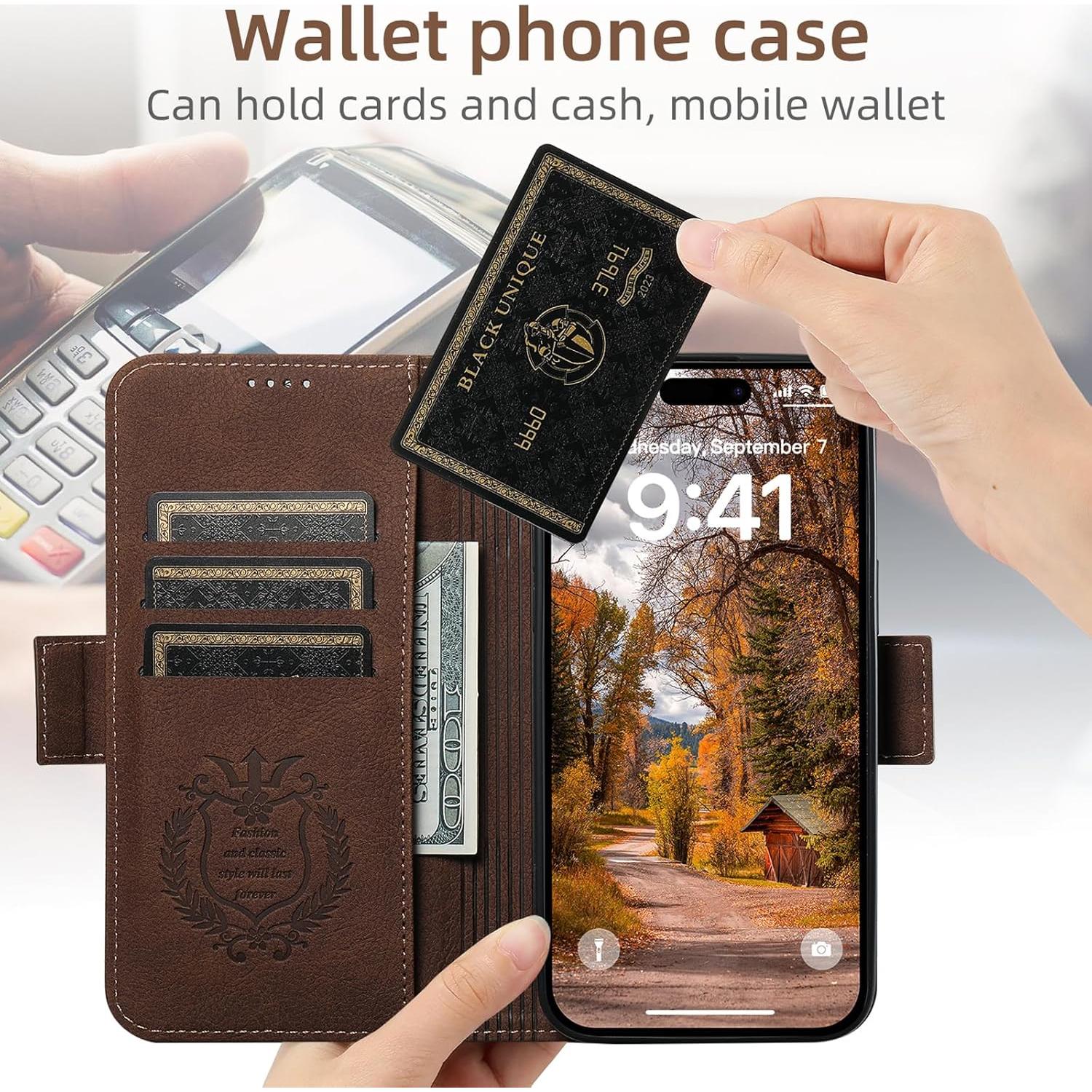 Funda Cartera SINIANL para iPhone 14 Pro Max Cuero PU Marrón