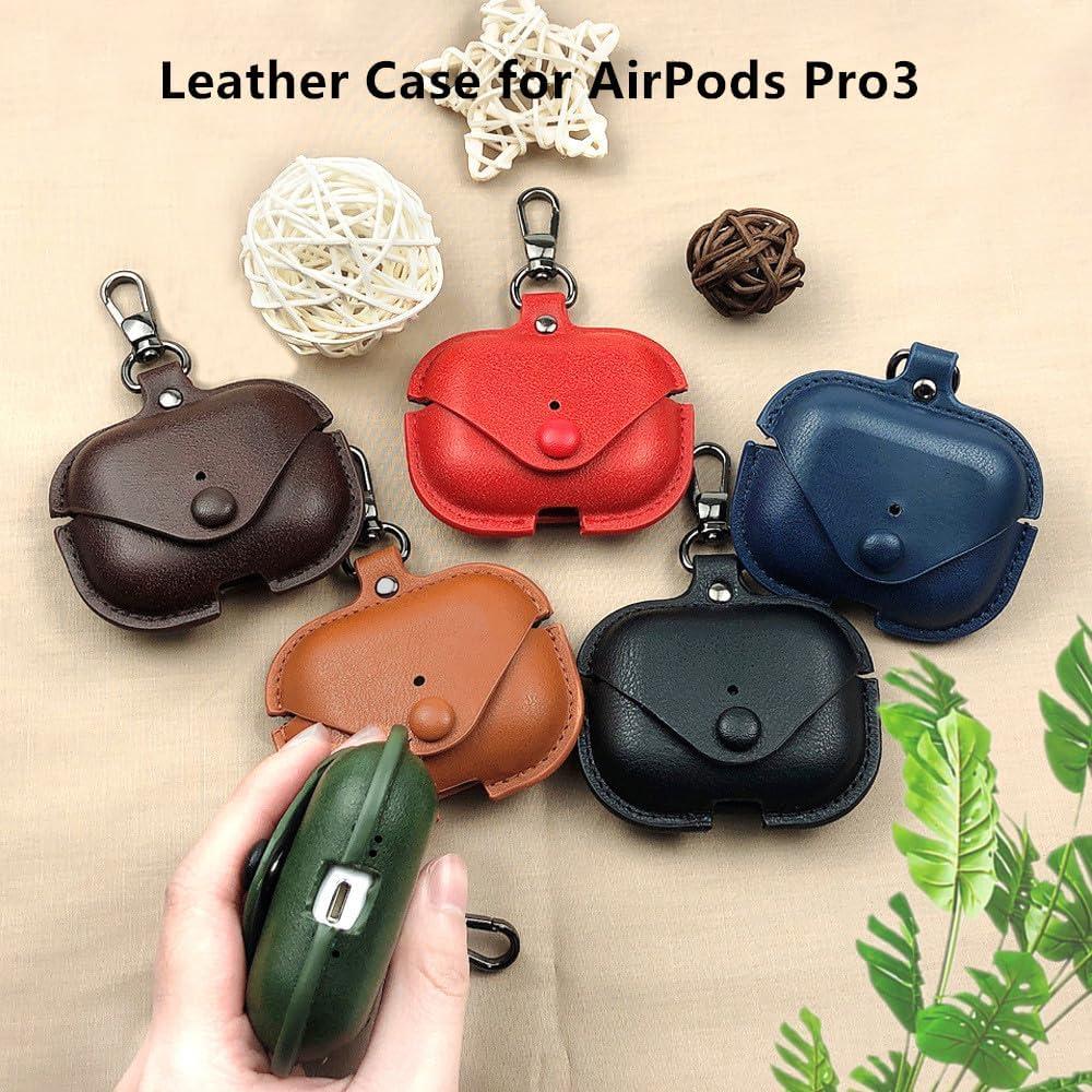 Funda de cuero marrón para Airpods Pro 3 con llavero