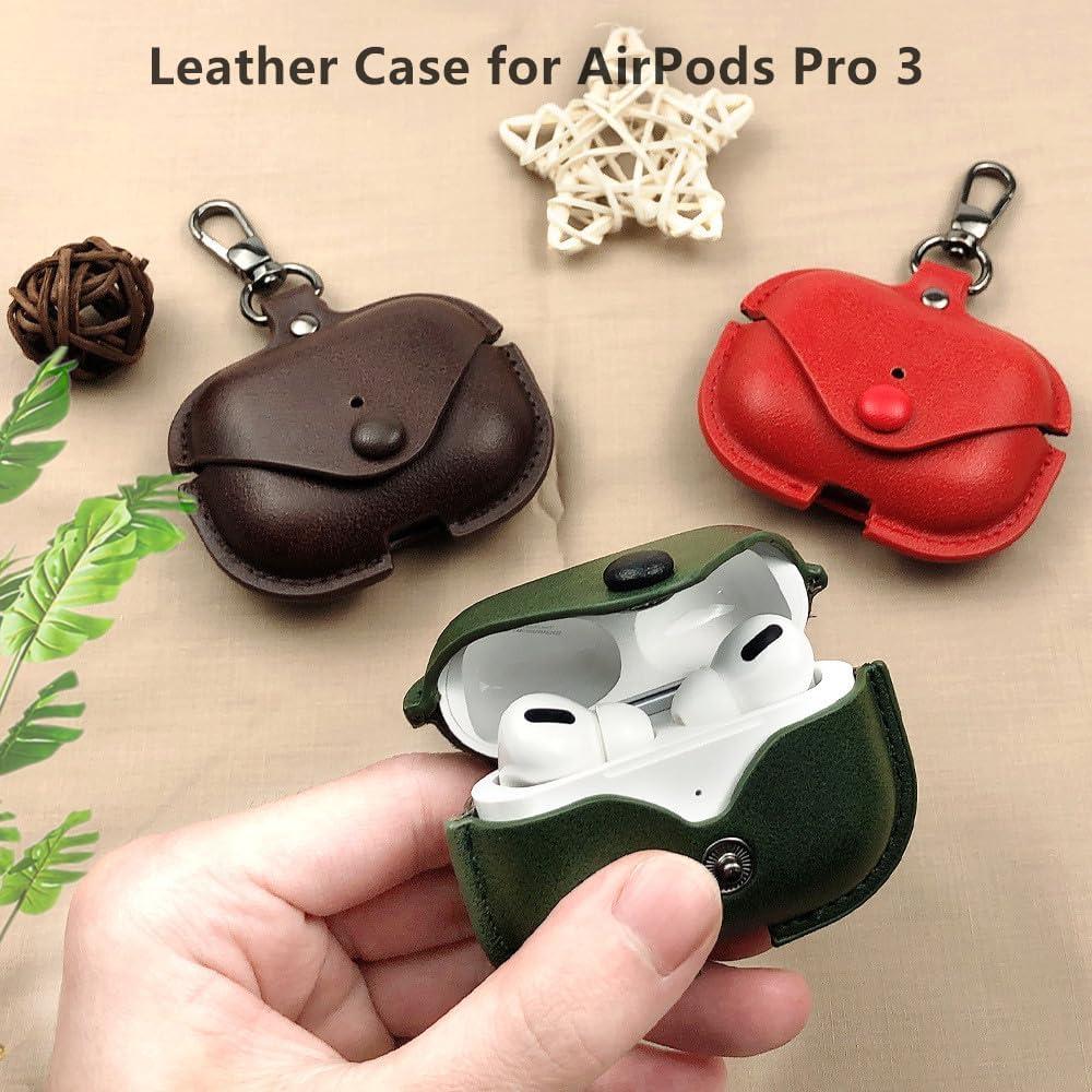 Funda de cuero marrón para Airpods Pro 3 con llavero
