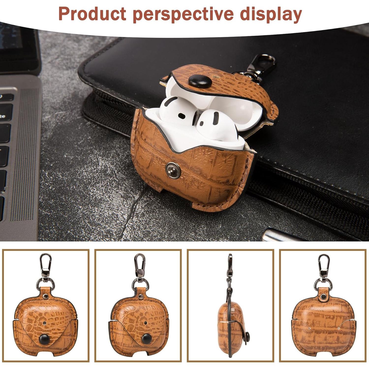 Funda de Cuero PU para AirPods 4 CHULEAG Marrón Cocodrilo