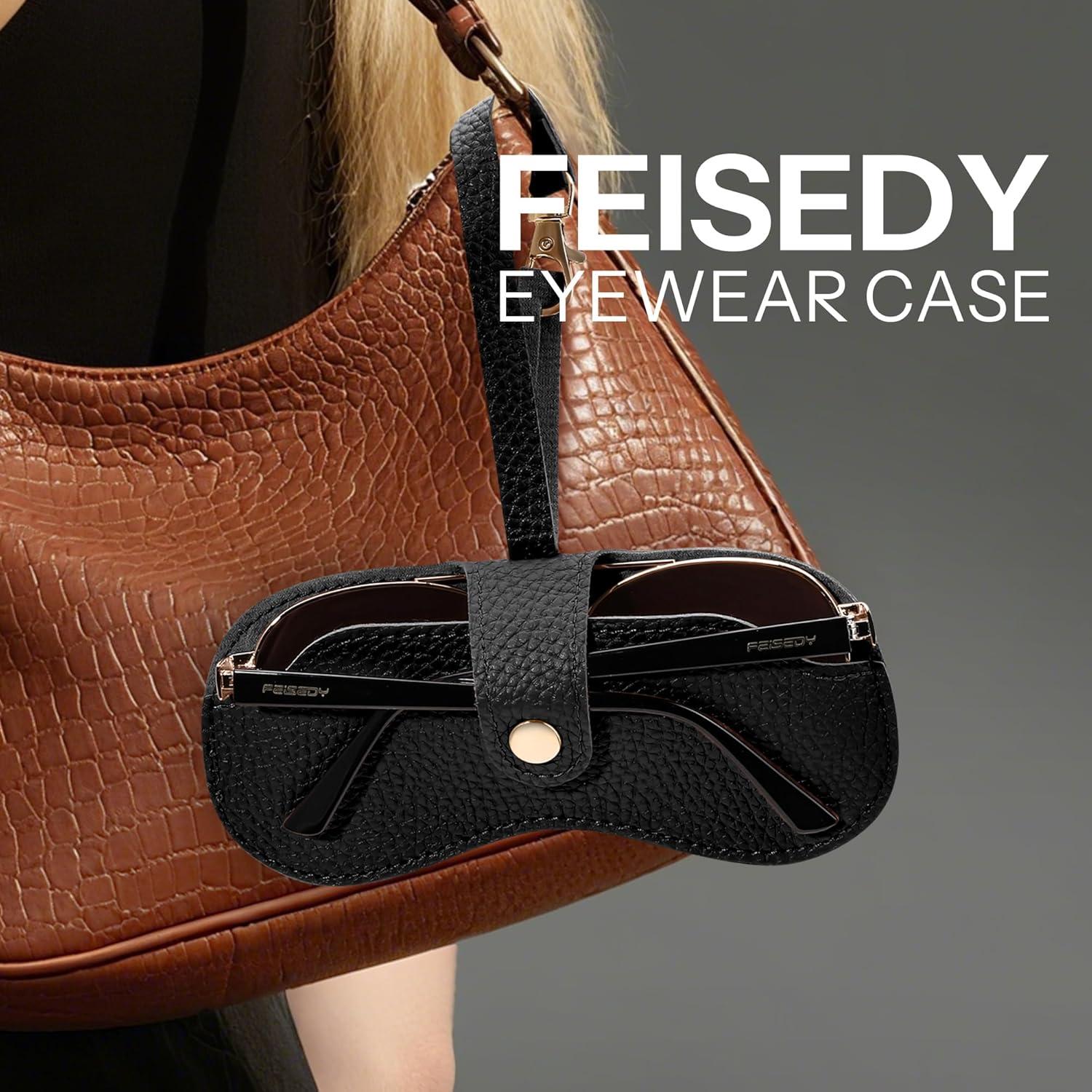 Funda de Gafas de Cuero PU FEISEDY Negra - Portátil y Delgado