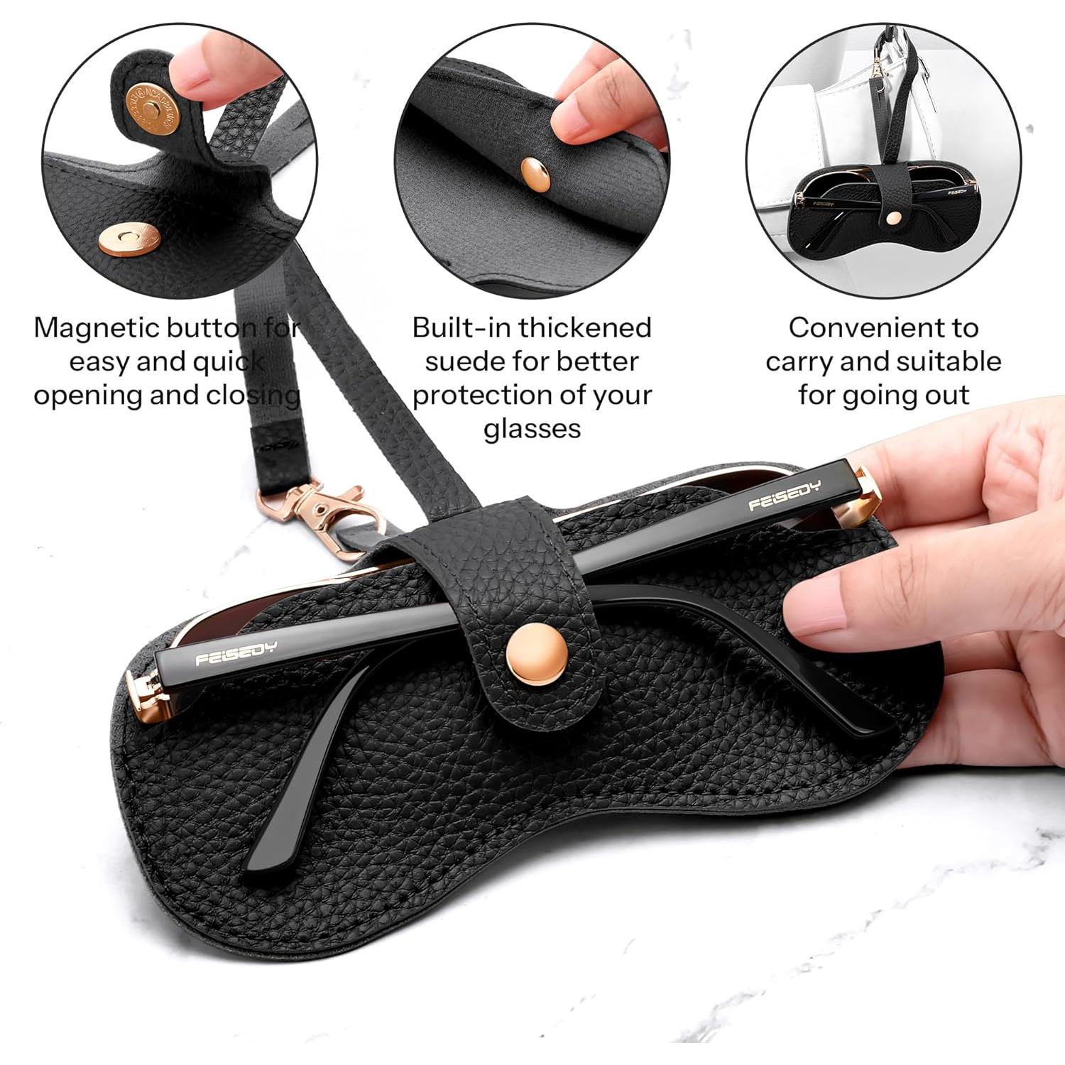 Funda de Gafas de Cuero PU FEISEDY Negra - Portátil y Delgado