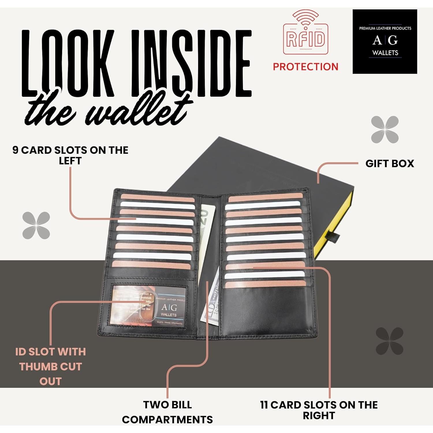 Cartera de Cuero Bifold RFID AG para Hombres y Mujeres - Negro