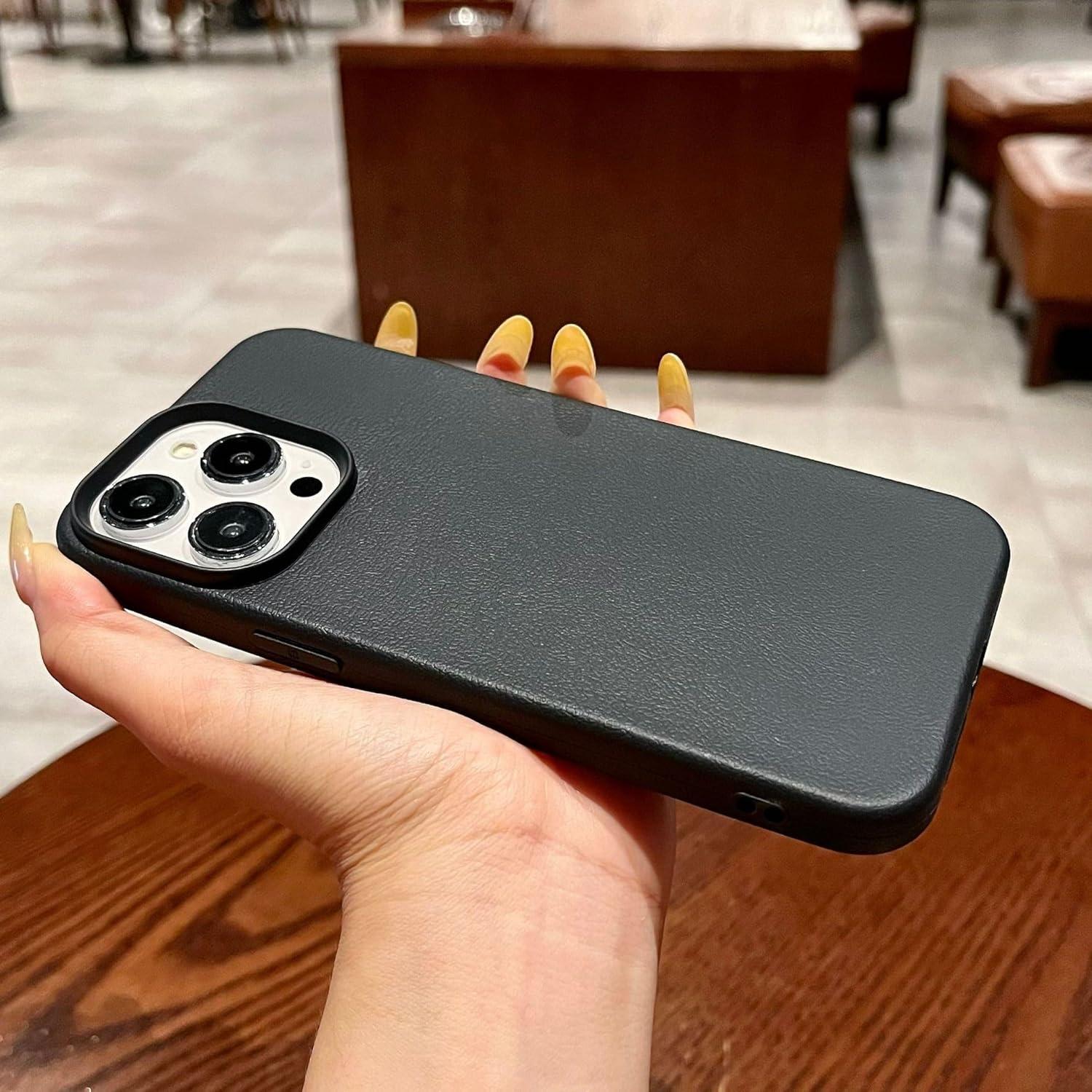 Funda de Cuero Sintético para iPhone 13/14 - Negra, Anti-Huellas