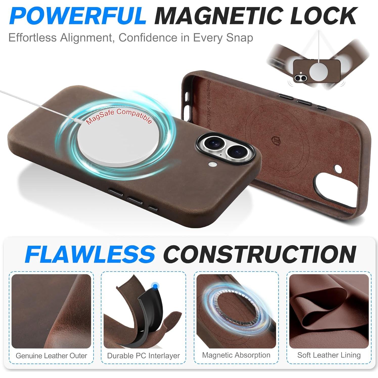 Funda de Cuero SHIELDON para iPhone 16 6.1" Magnética Antideslizante