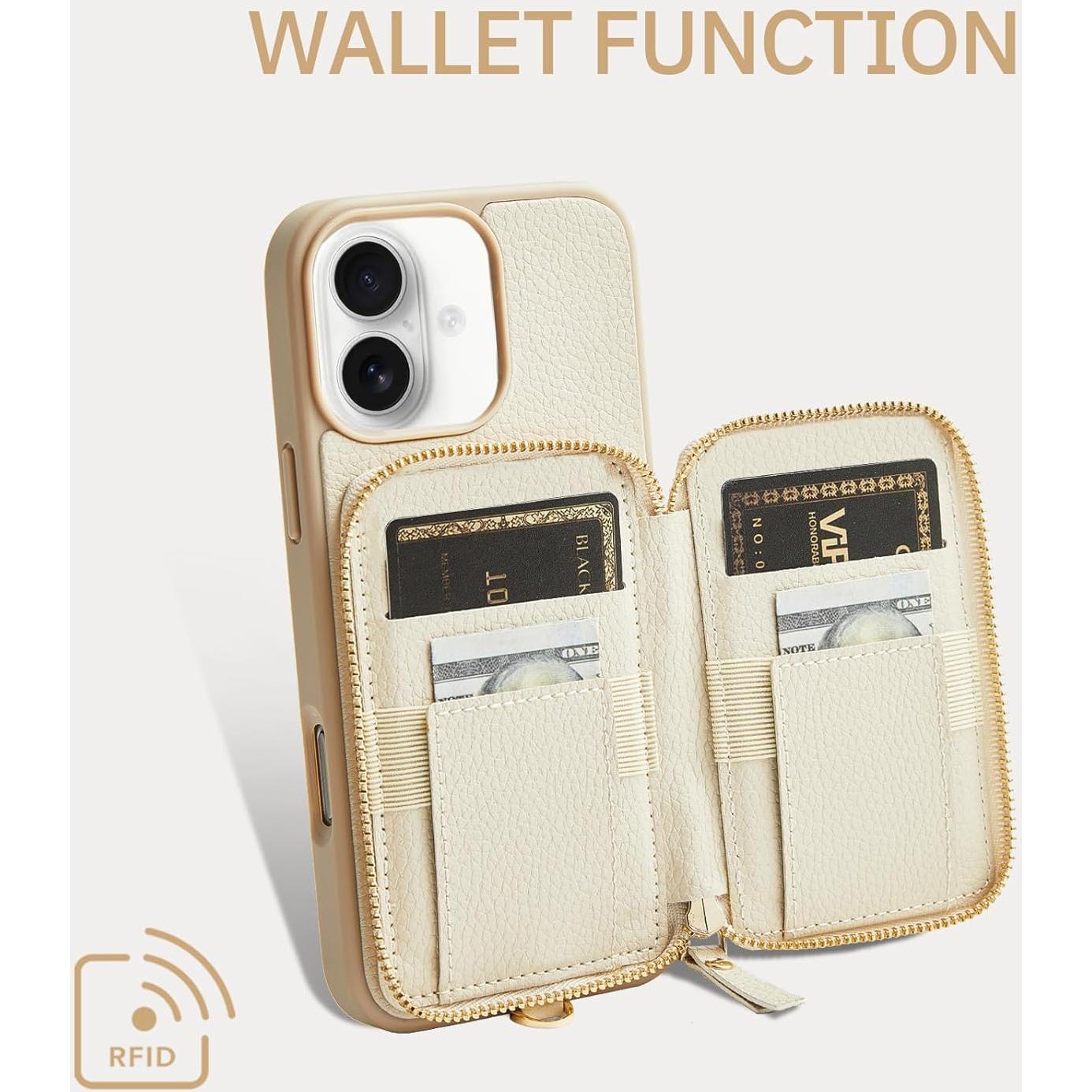 Funda Cartera ZVE para iPhone 16 6.1" con Bloqueo RFID Beige