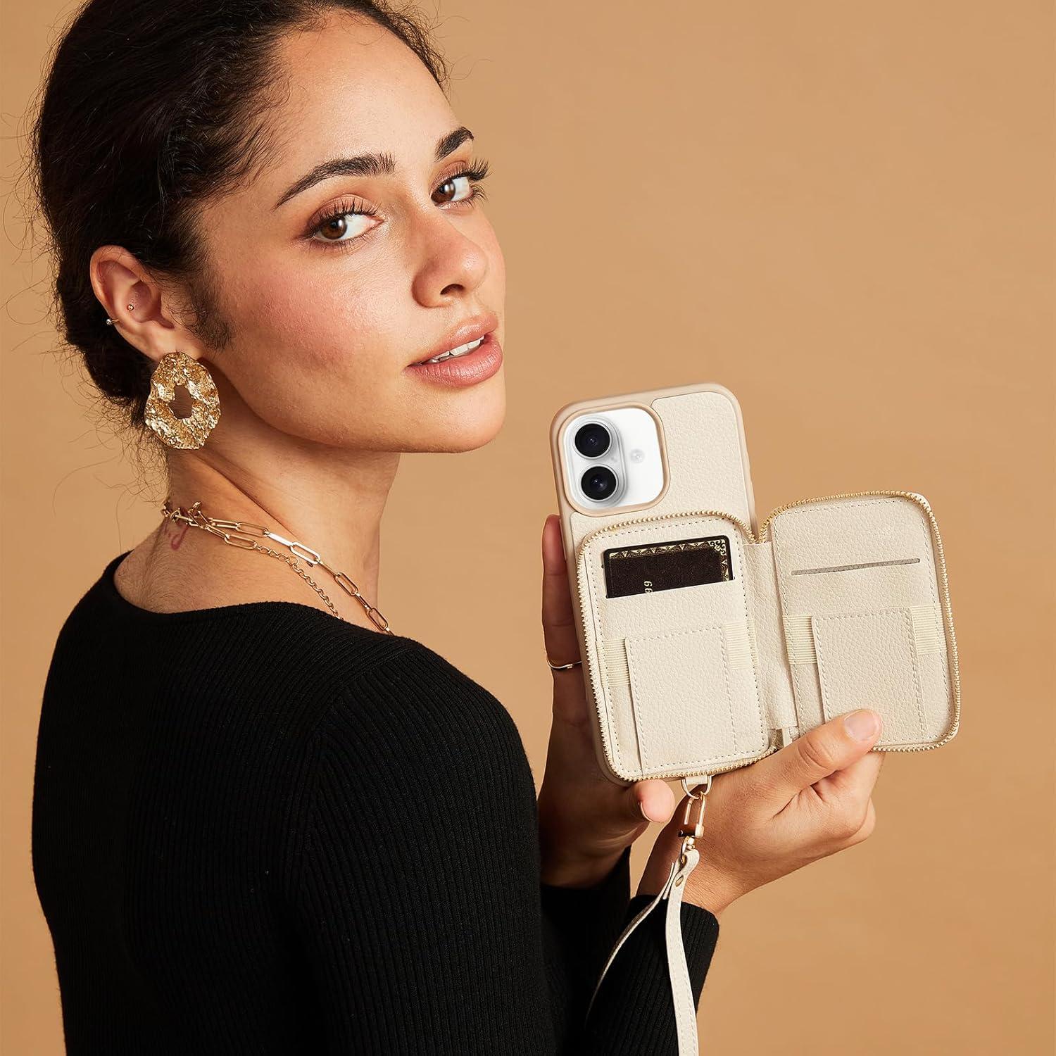 Funda Cartera ZVE para iPhone 16 6.1" con Bloqueo RFID Beige