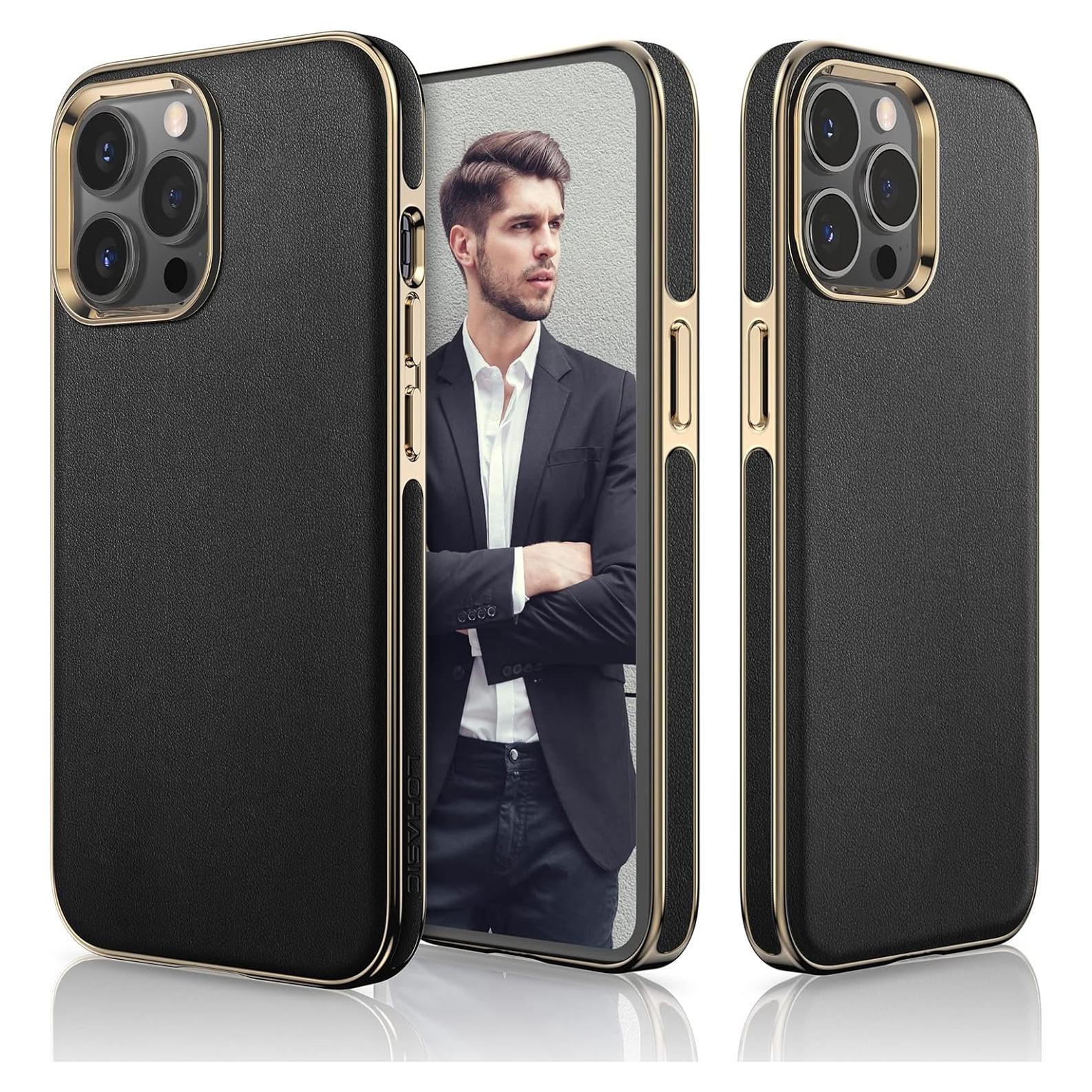 Funda de Cuero LOHASIC para iPhone 14 Pro - Negro Oro, Delgado y Elegante