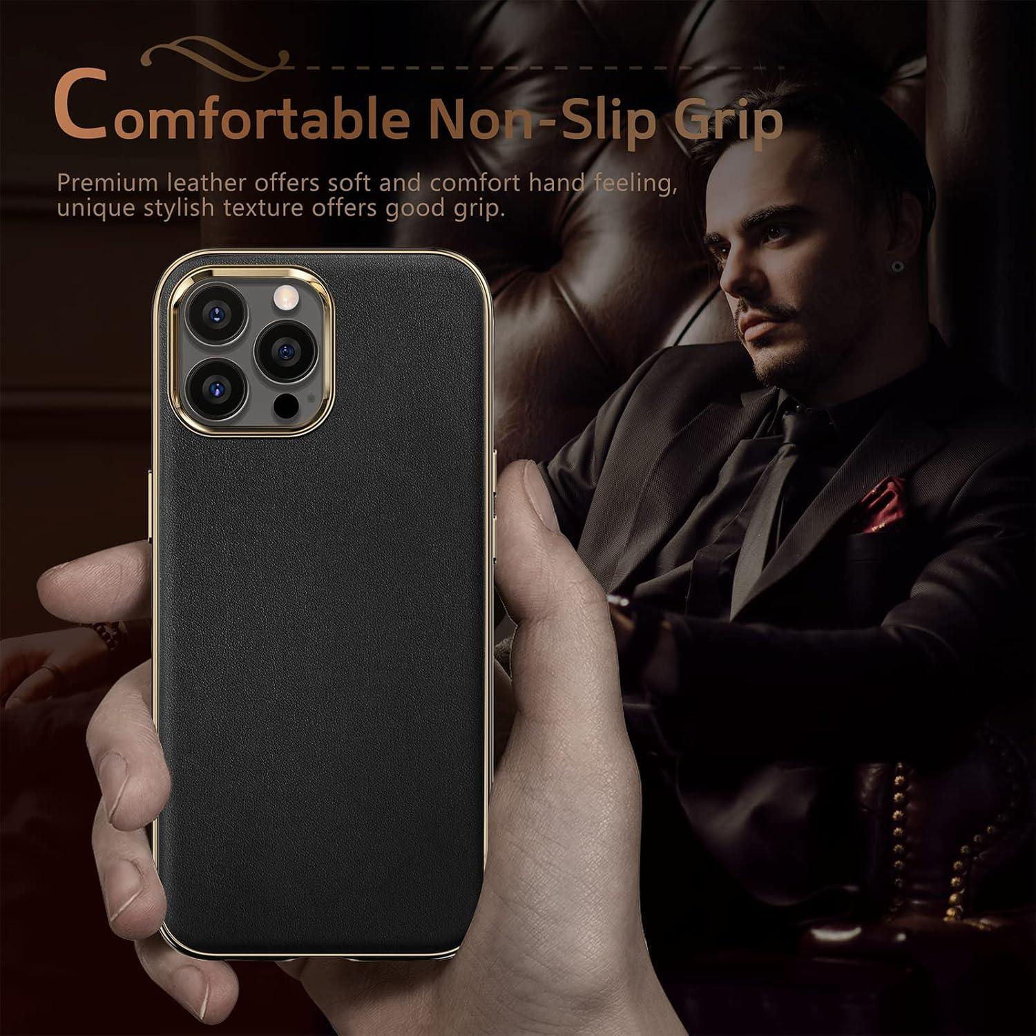 Funda de Cuero LOHASIC para iPhone 14 Pro - Negro Oro, Delgado y Elegante