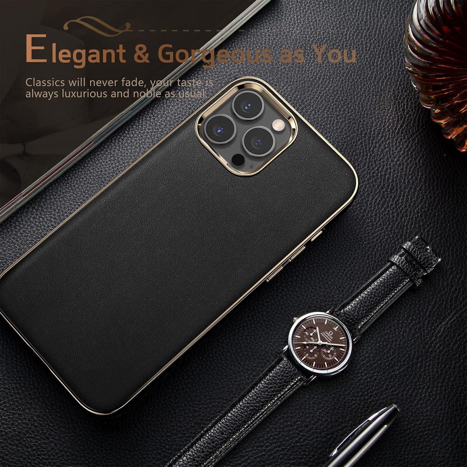 Funda de Cuero LOHASIC para iPhone 14 Pro - Negro Oro, Delgado y Elegante