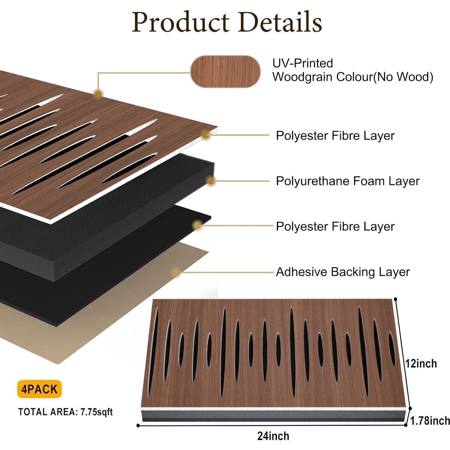 Paquete de 4 Paneles Acústicos Autoadhesivos 24x12 cm - Grano Nogal