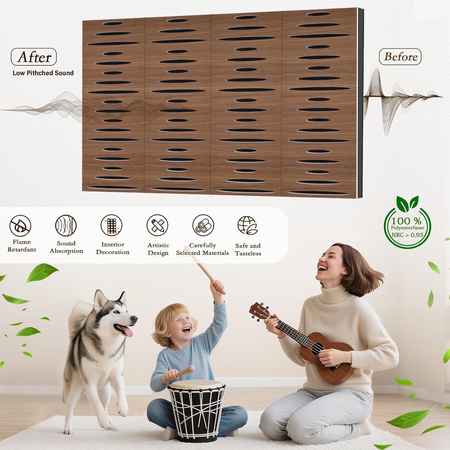 Paquete de 4 Paneles Acústicos Autoadhesivos 24x12 cm - Grano Nogal