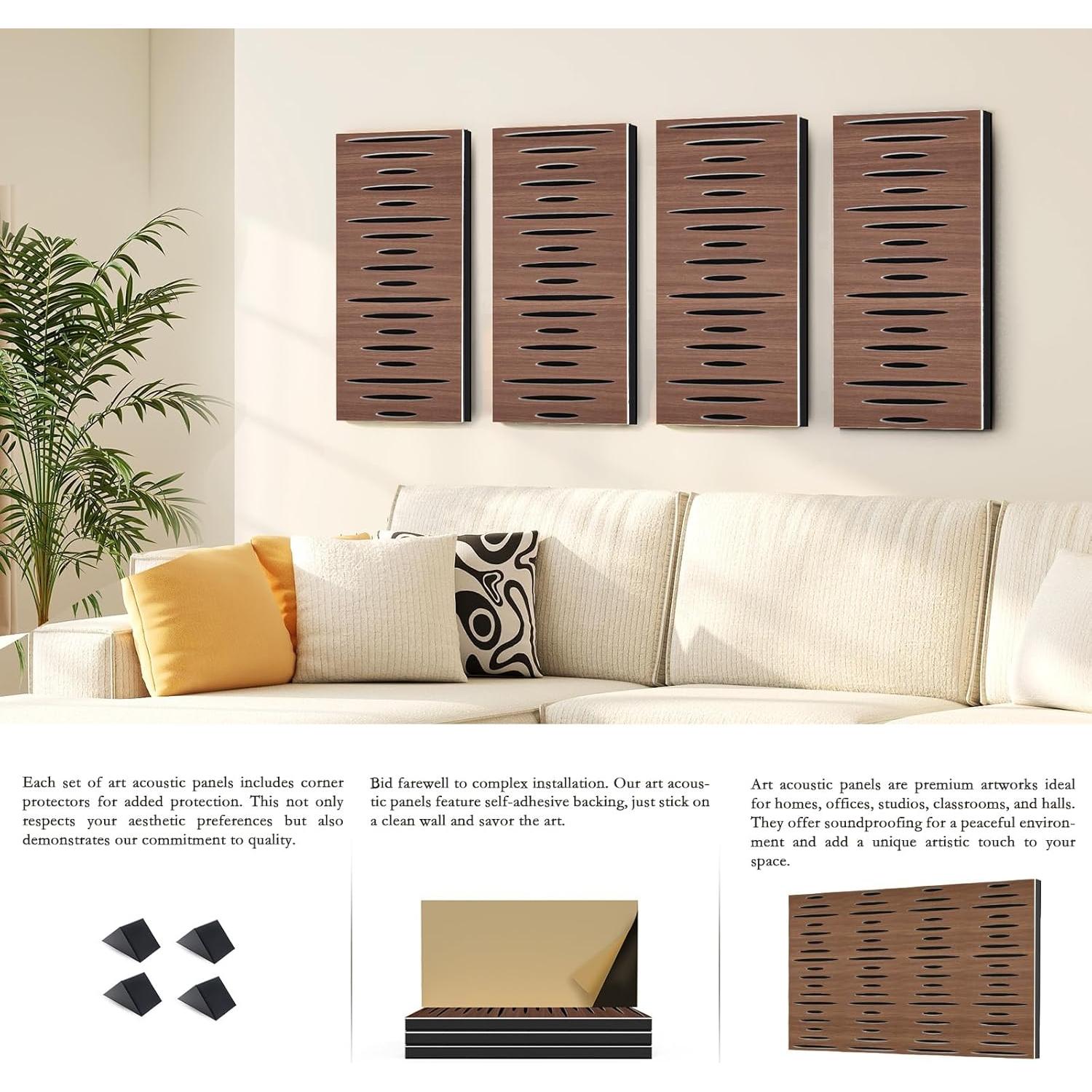 Paquete de 4 Paneles Acústicos Autoadhesivos 24x12 cm - Grano Nogal
