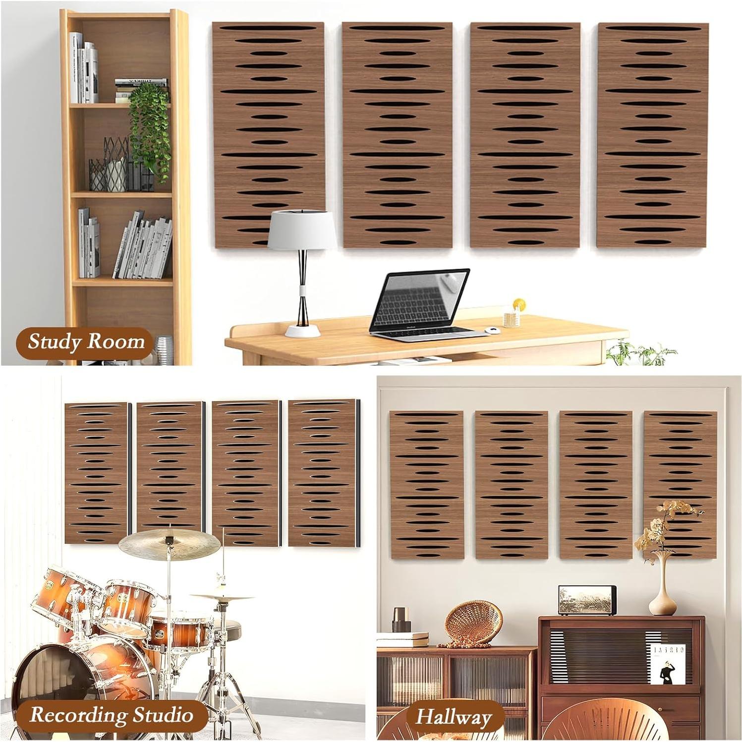 Paquete de 4 Paneles Acústicos Autoadhesivos 24x12 cm - Grano Nogal
