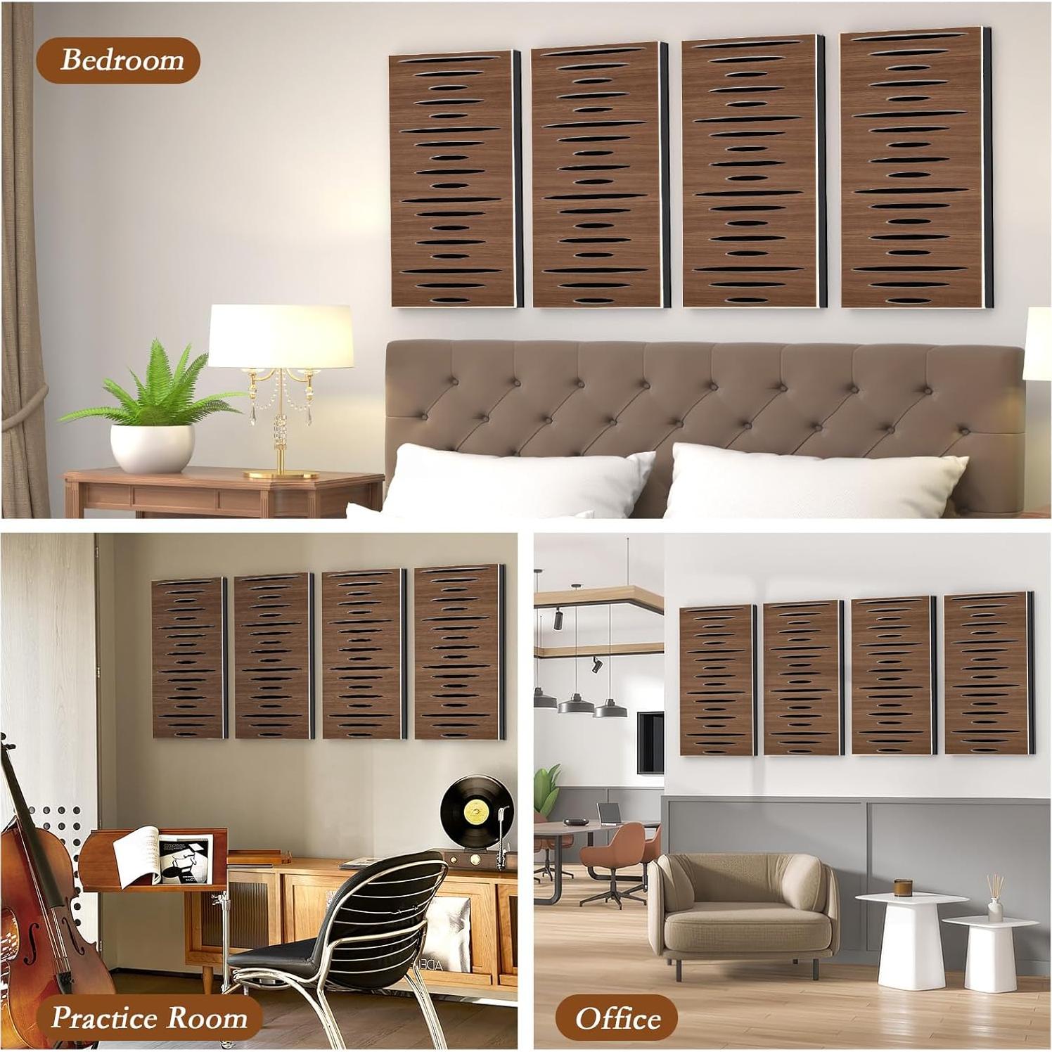 Paquete de 4 Paneles Acústicos Autoadhesivos 24x12 cm - Grano Nogal