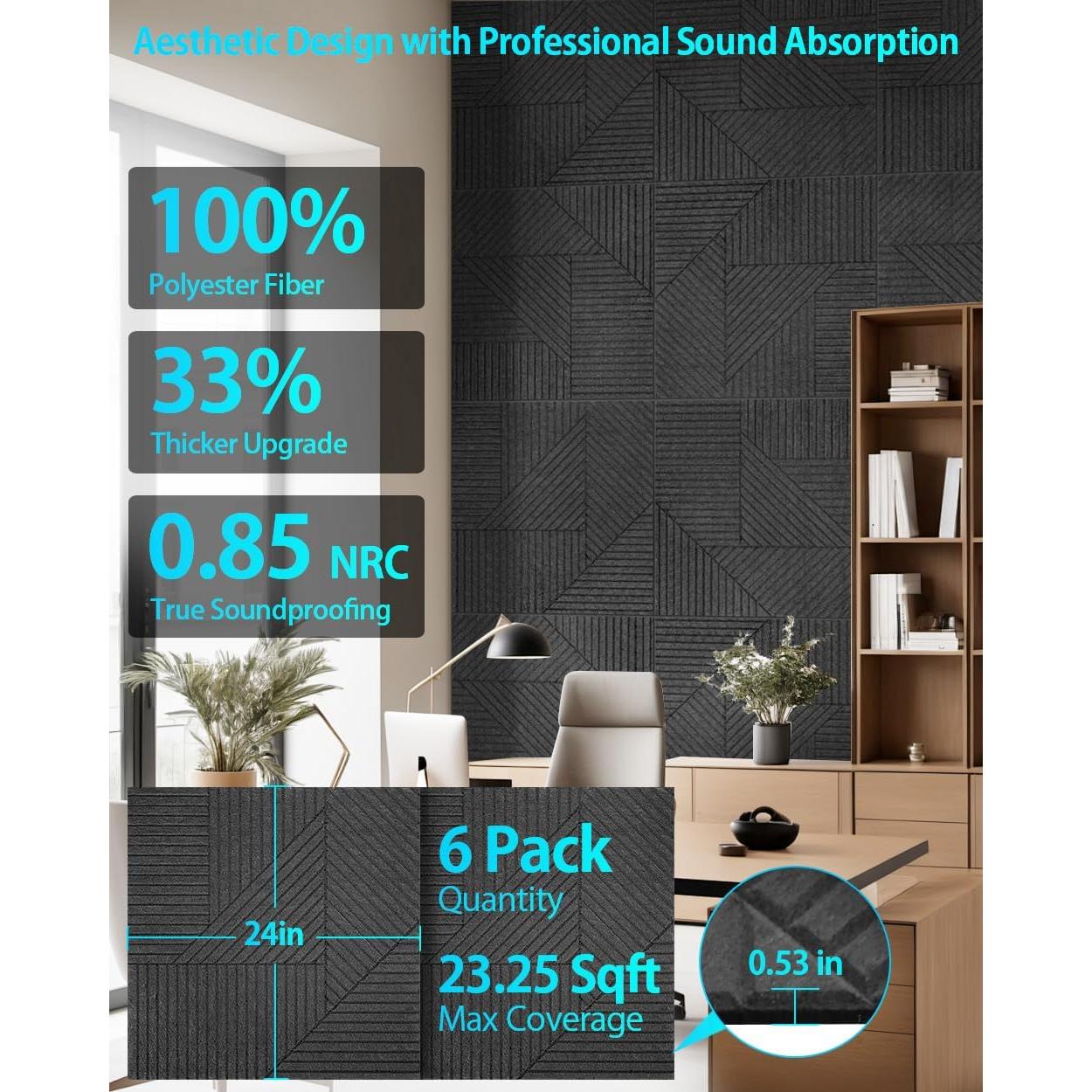 Paquete de 6 Paneles Acústicos Autoadhesivos 60x60 cm Negro