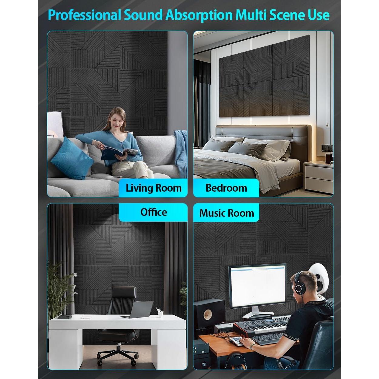 Paquete de 6 Paneles Acústicos Autoadhesivos 60x60 cm Negro