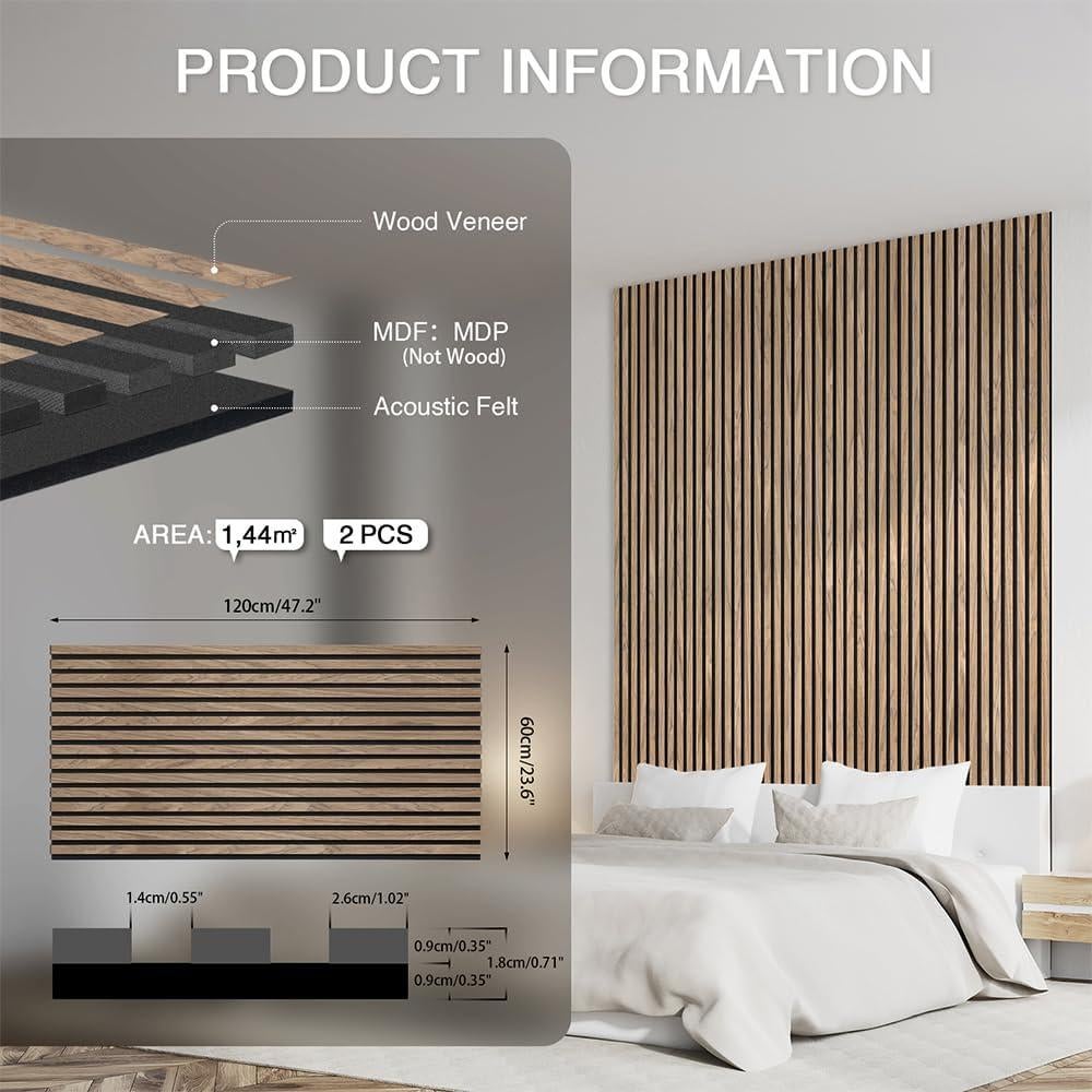 Paneles Acústicos de Madera Nogal - Paquete de 2, 120x60cm