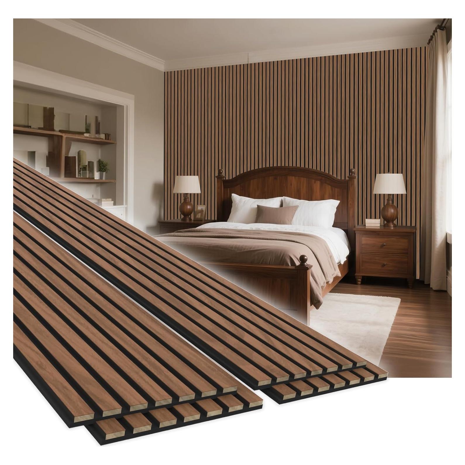 Paquete de 4 Paneles Acústicos de Madera Nogal 240x28 cm