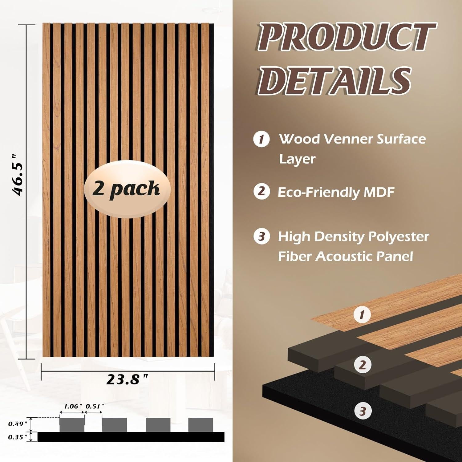 Paneles Acústicos de Madera QUEENLINK 2 Piezas 118x60.5cm Roble