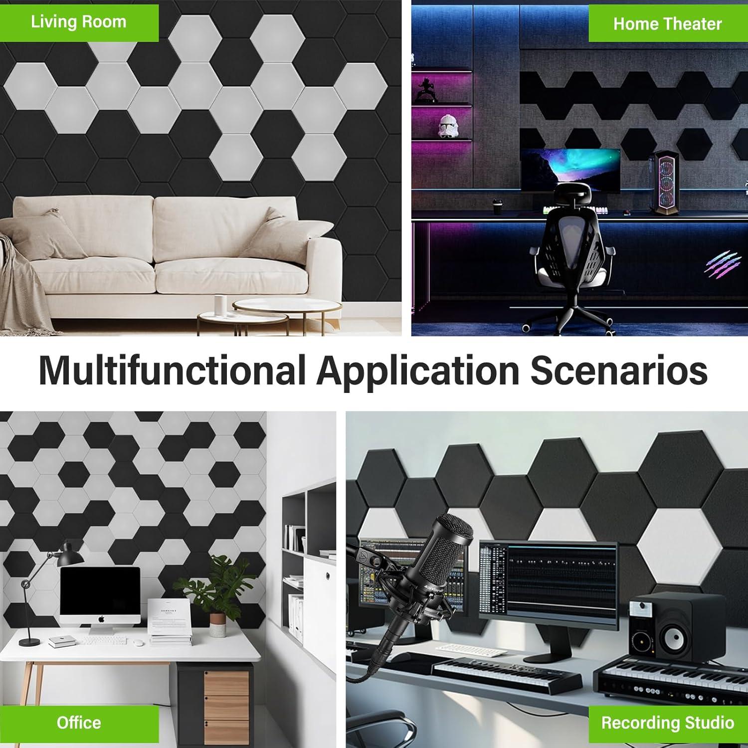 Paquete de 12 Paneles Acústicos Hexagonales Negros 20x20cm