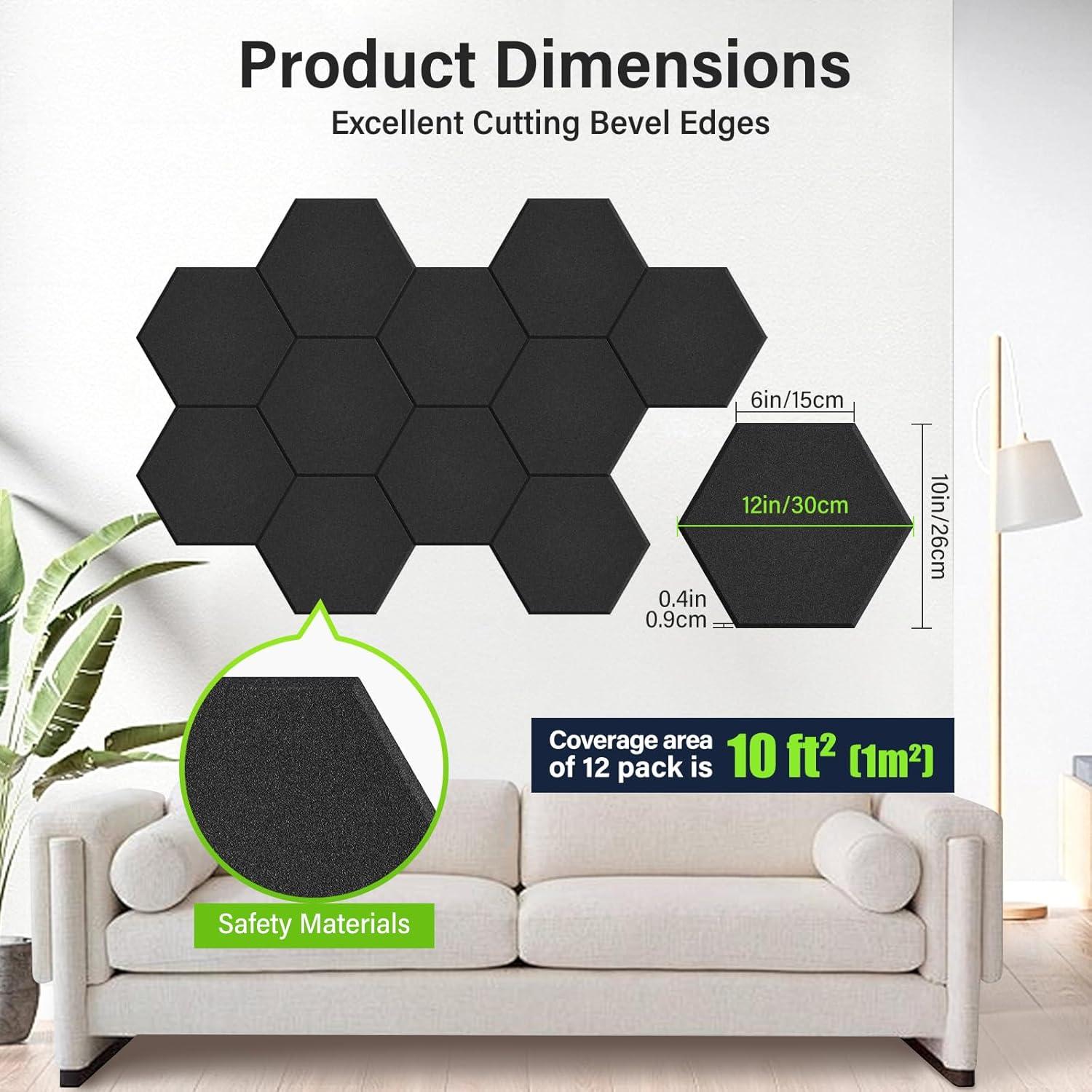 Paquete de 12 Paneles Acústicos Hexagonales Negros 20x20cm