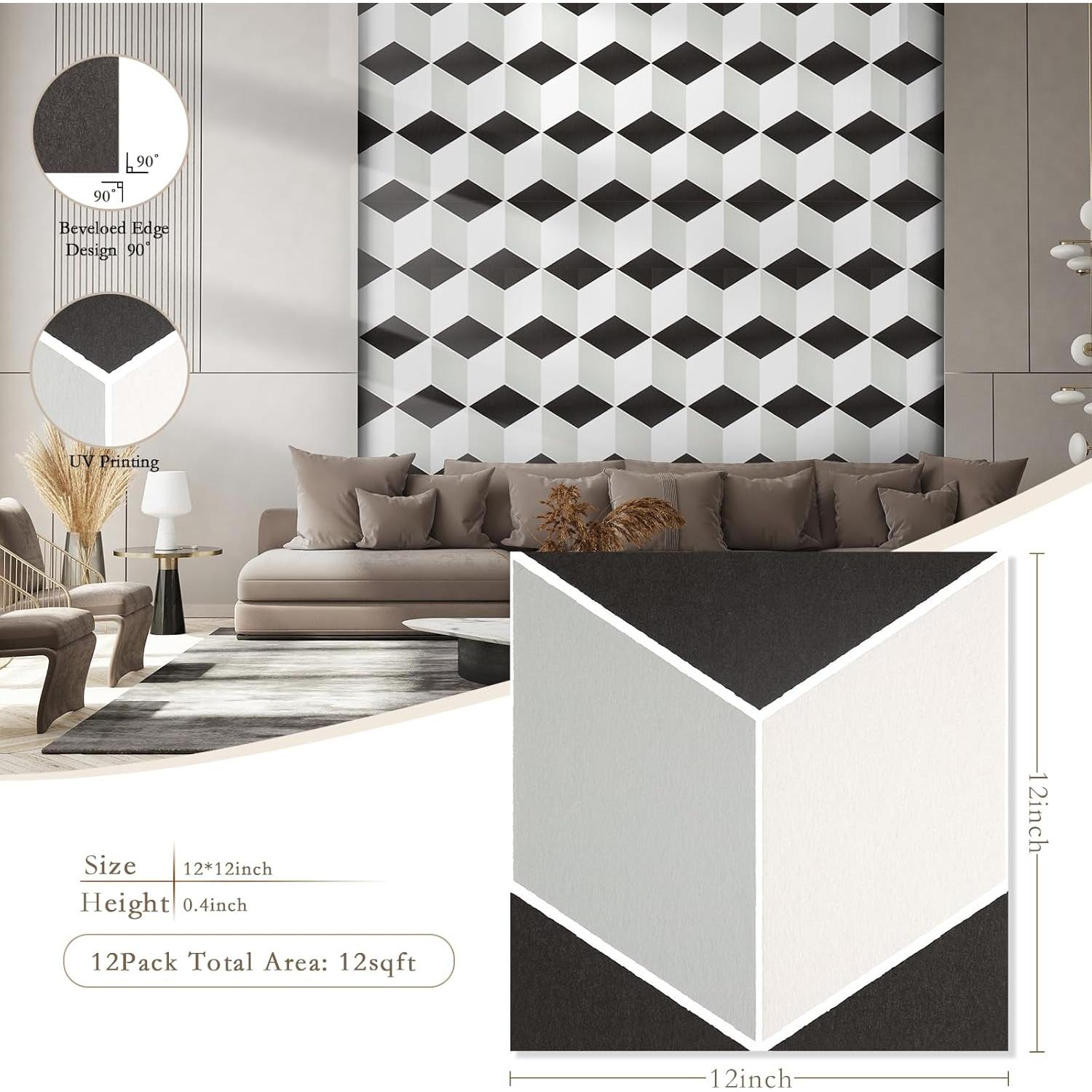 Paquete de 12 Paneles Acústicos Autoadhesivos 3D 30x30 cm Negro y Blanco