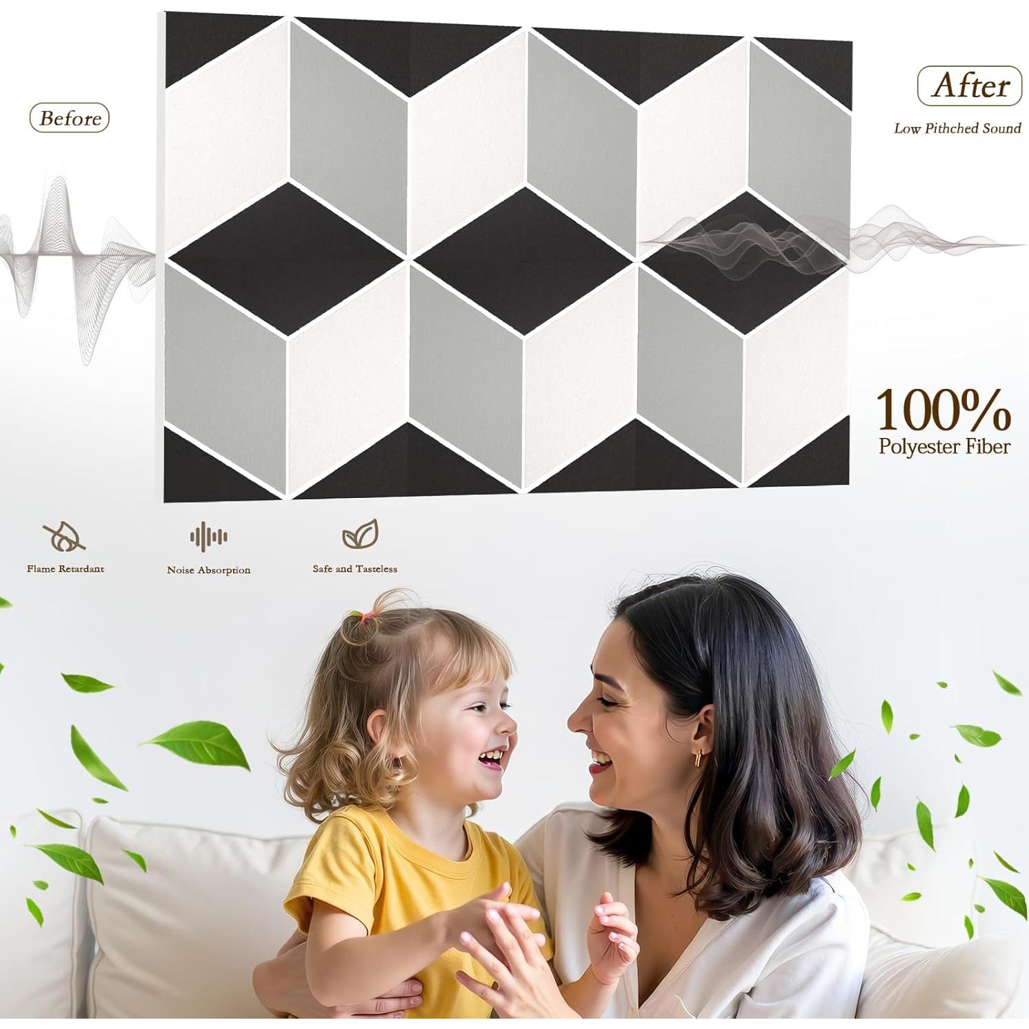 Paquete de 12 Paneles Acústicos Autoadhesivos 3D 30x30 cm Negro y Blanco