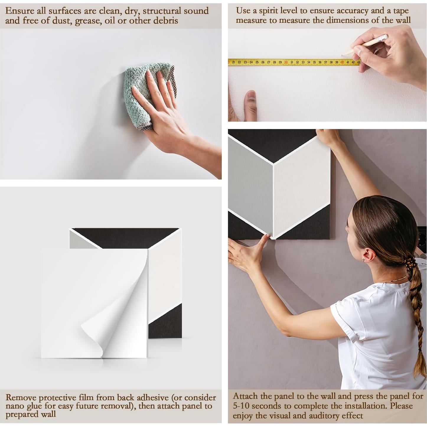 Paquete de 12 Paneles Acústicos Autoadhesivos 3D 30x30 cm Negro y Blanco