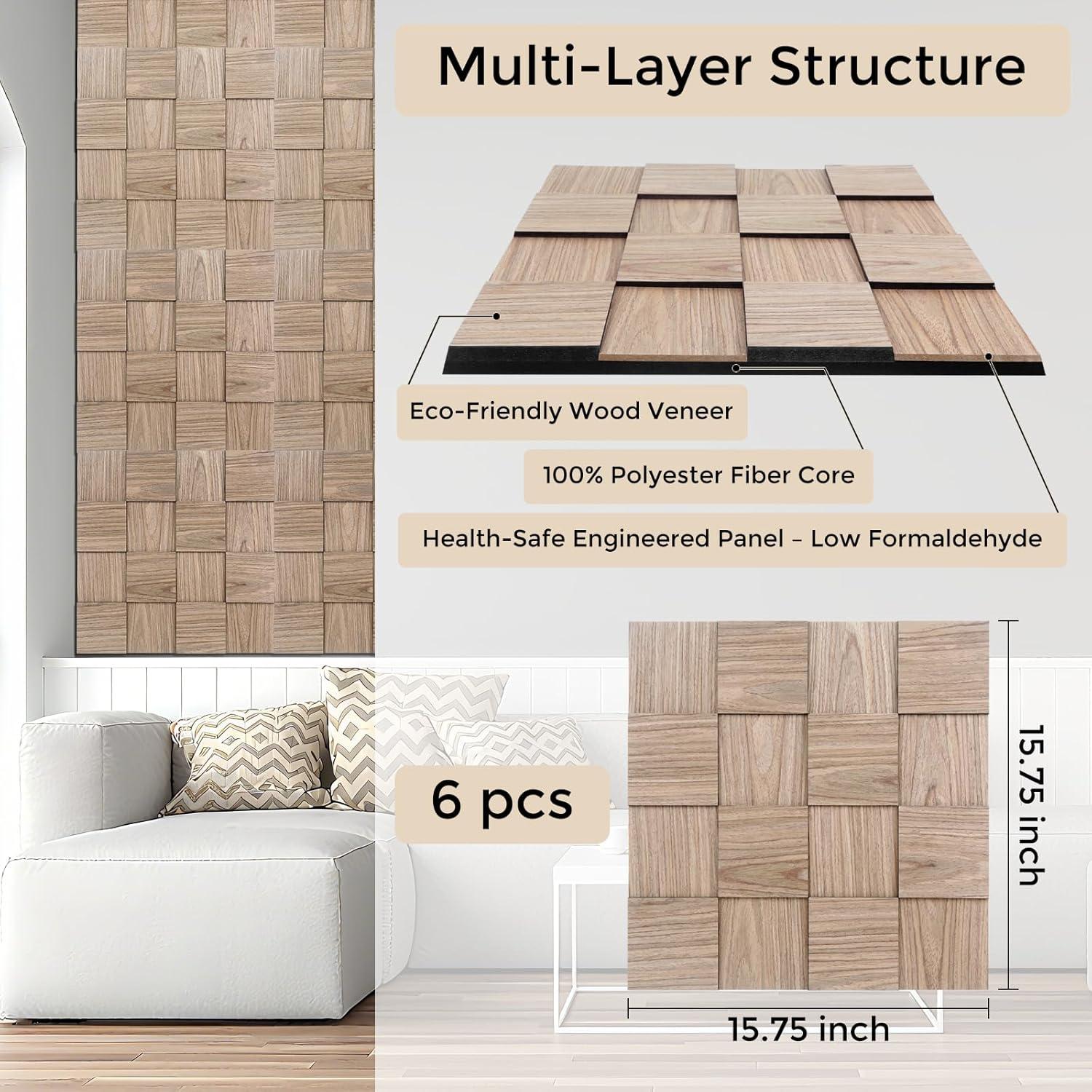 Paneles Acústicos 3D GreenClad Nogal - Paquete de 6 (40x40 cm)