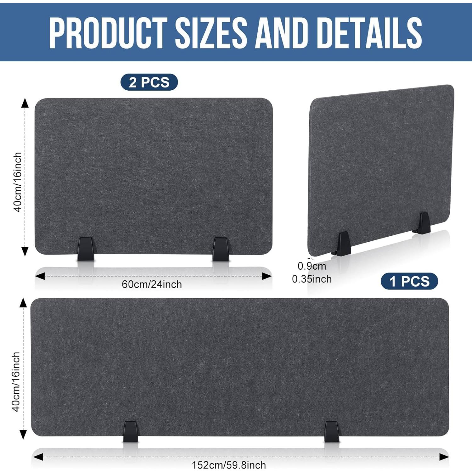 Divisores Acústicos de Escritorio Yaomiao 3 Pcs Gris 152.4x40.6cm