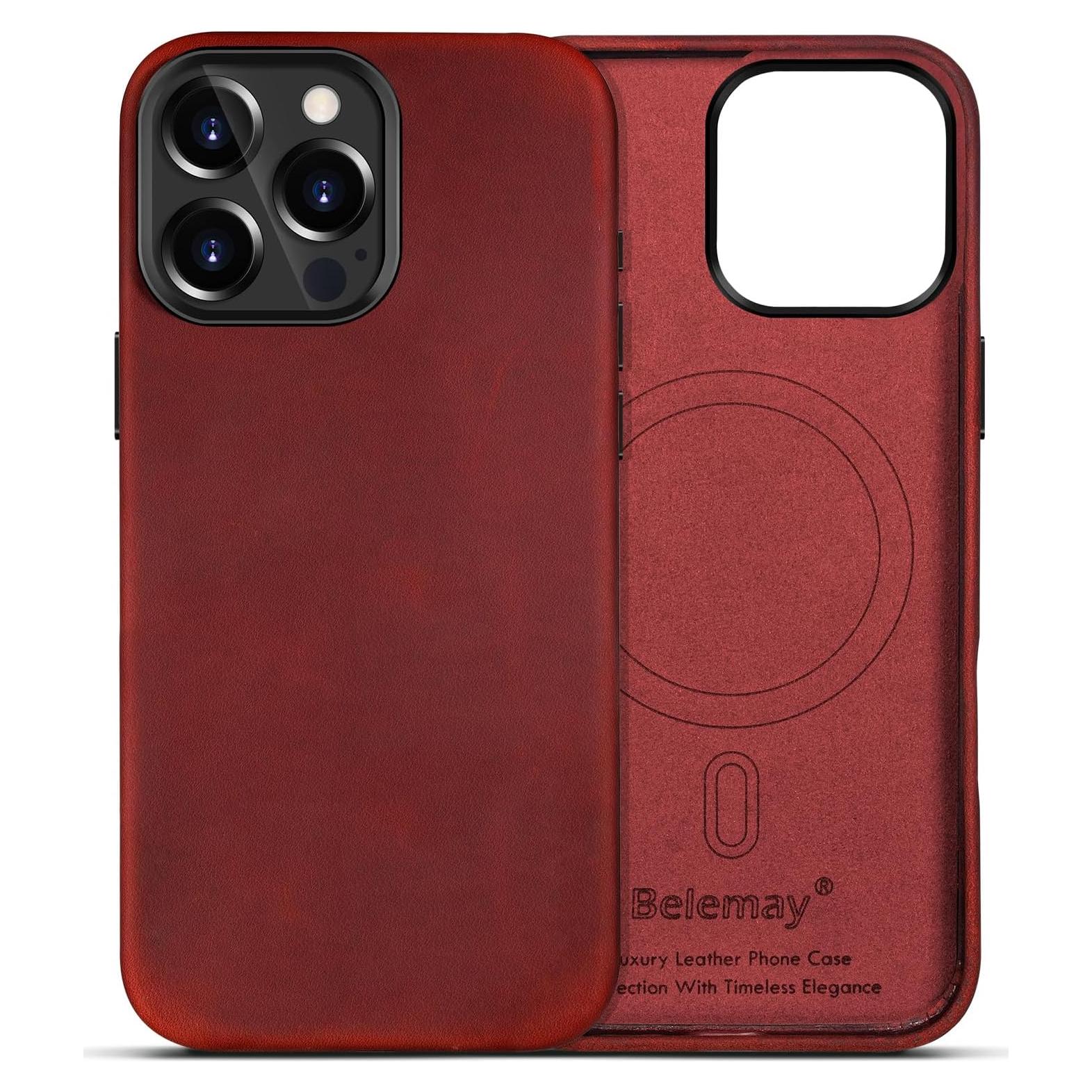 Funda de Cuero Belemay para iPhone 16 Pro Max Rojo Vintage