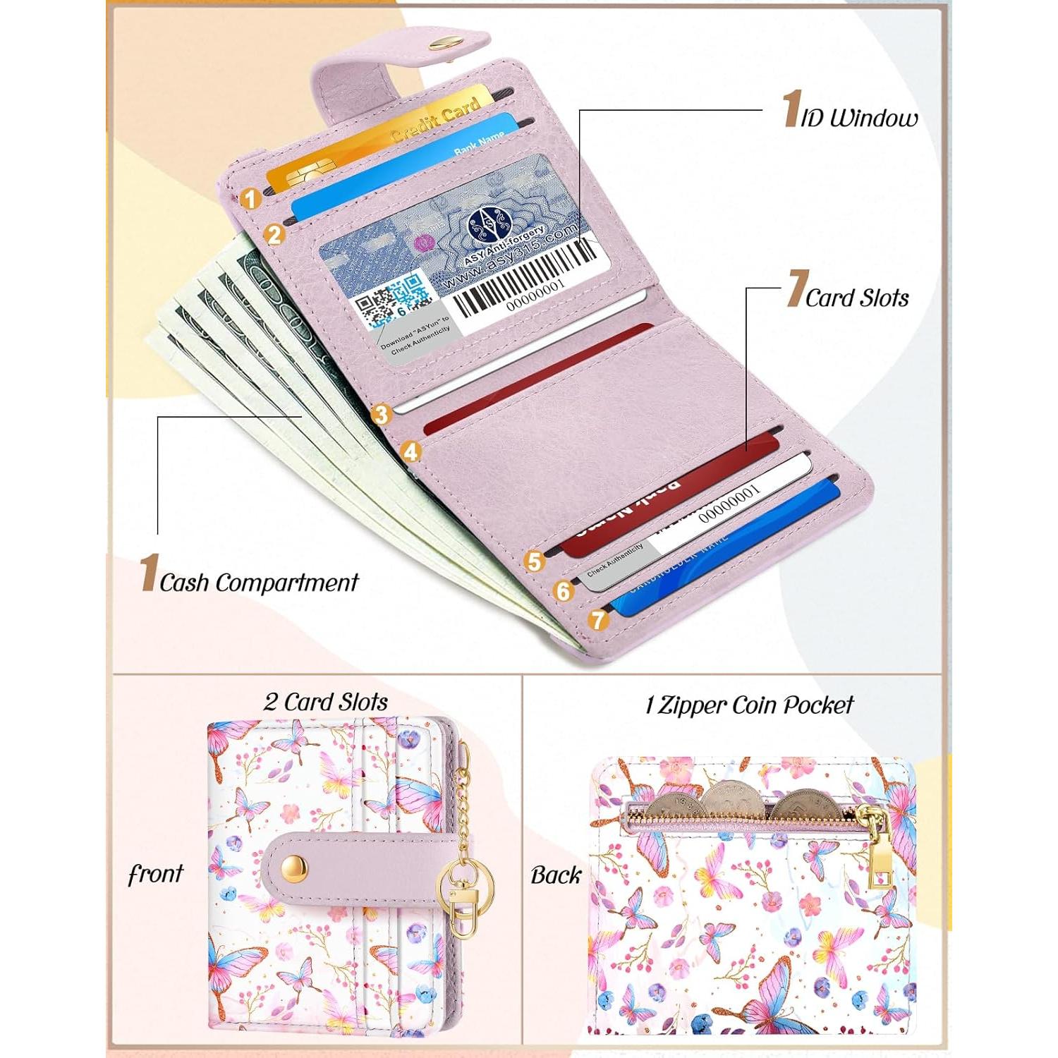 Billetera Bistup Mujer Delgada Cuero RFID Mariposa Kawaii