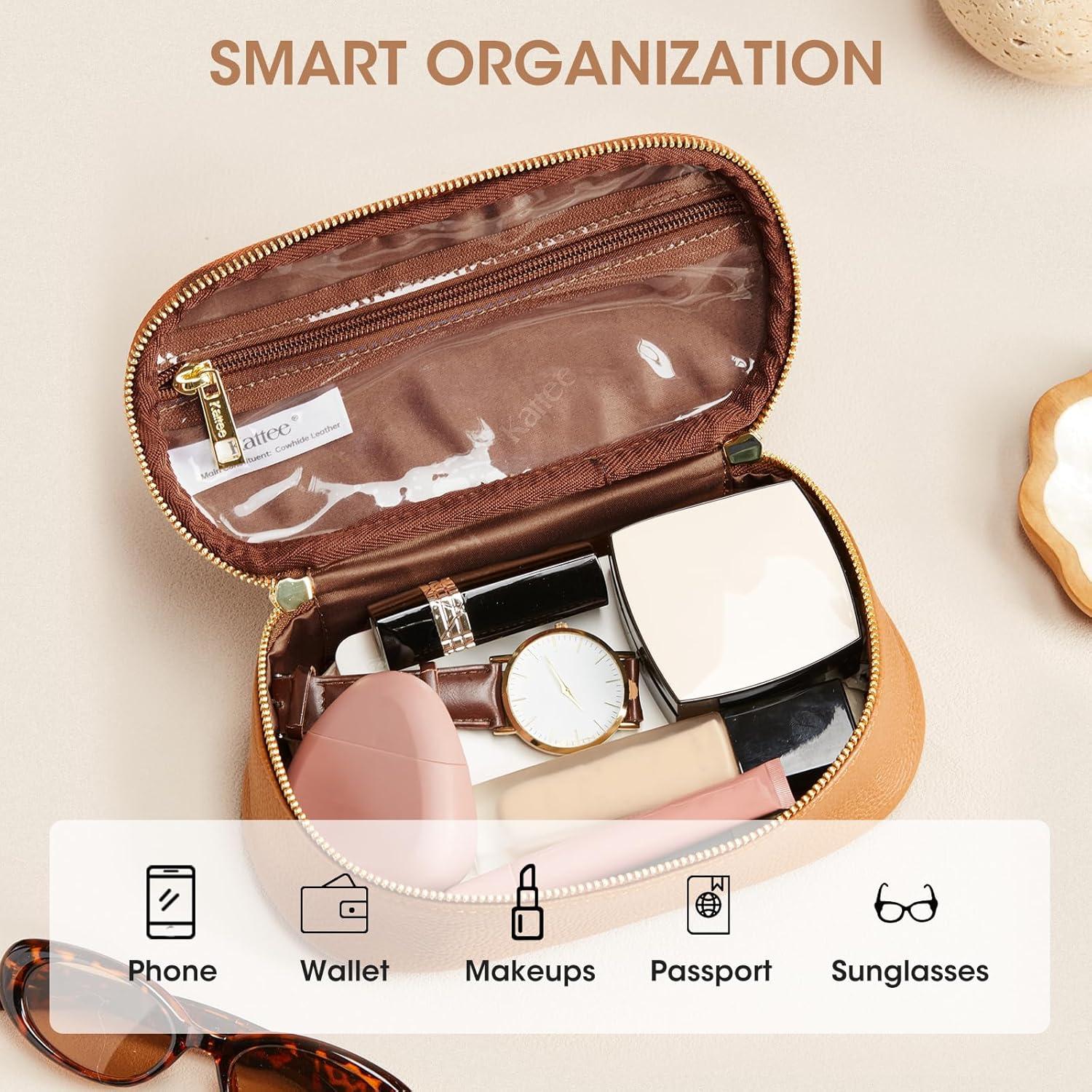 Bolsa de Maquillaje Kattee de Cuero Genuino para Mujeres - Marrón