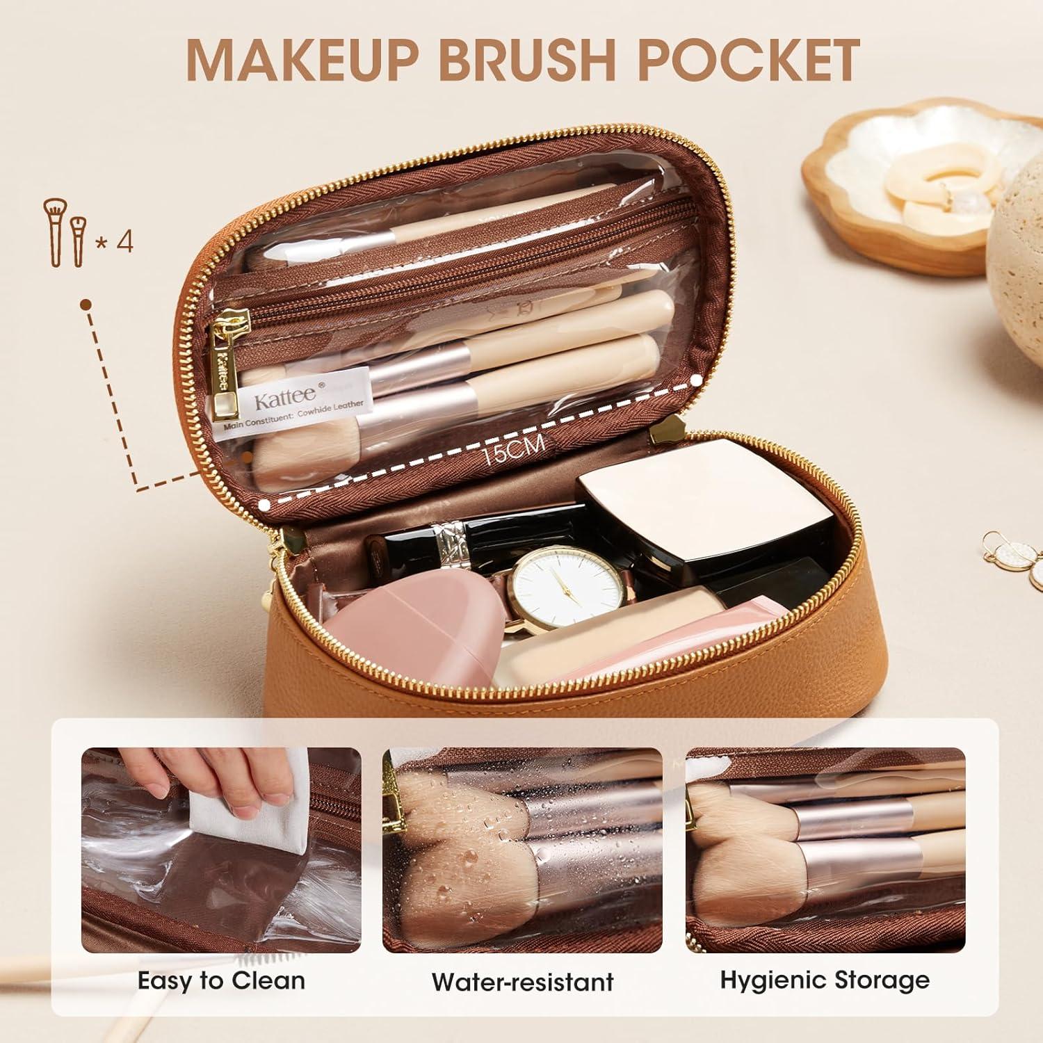 Bolsa de Maquillaje Kattee de Cuero Genuino para Mujeres - Marrón