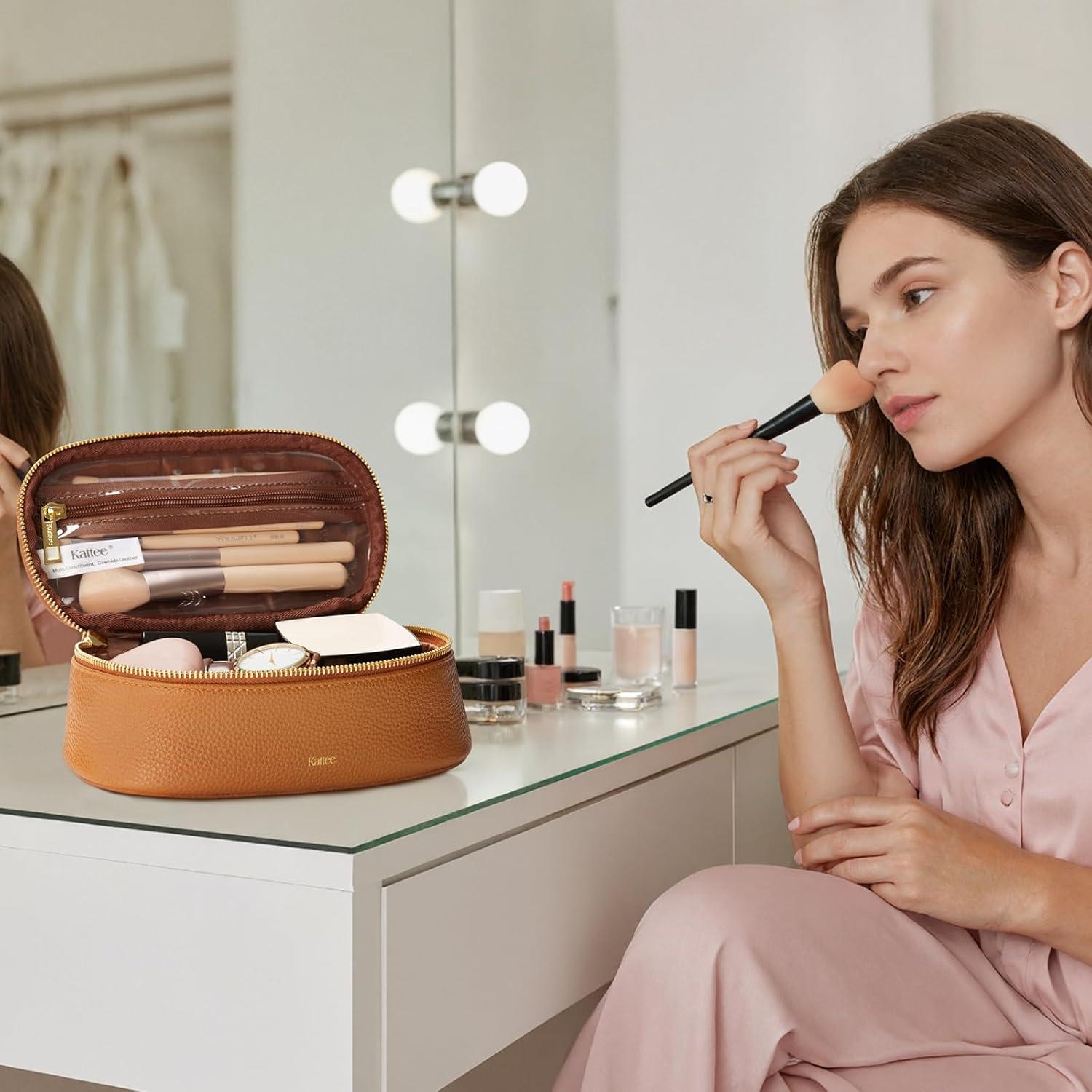 Bolsa de Maquillaje Kattee de Cuero Genuino para Mujeres - Marrón