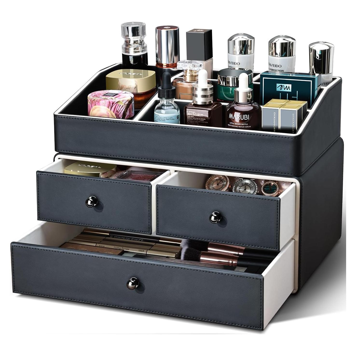 Organizador de Maquillaje KINGFOM PU 2 Niveles 3 Cajones Negro